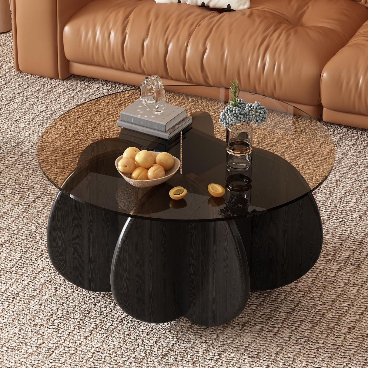 Round Coffee Table, Mid Century Modern Design, 31.5'' Modern Round Tempered Glass Coffee Tables for Living Room, Cocktail Table for Small Space Home Office. (Black + Brown) Yaruifnt