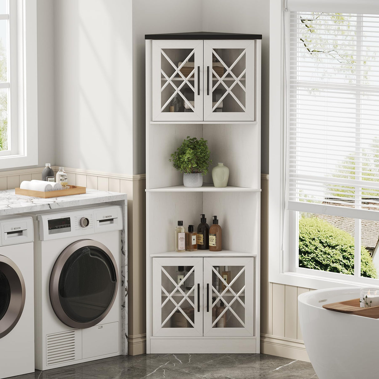 Maupvit White Corner Hutch with 4 Tempered Glass Doors, 67" Tall Farmhouse Corner Storage Cabinet, Kitchen Pantry Hutch with Adjustable Shelf, Home Space Saver for Laundry Room, Dining Living Room Maupvit