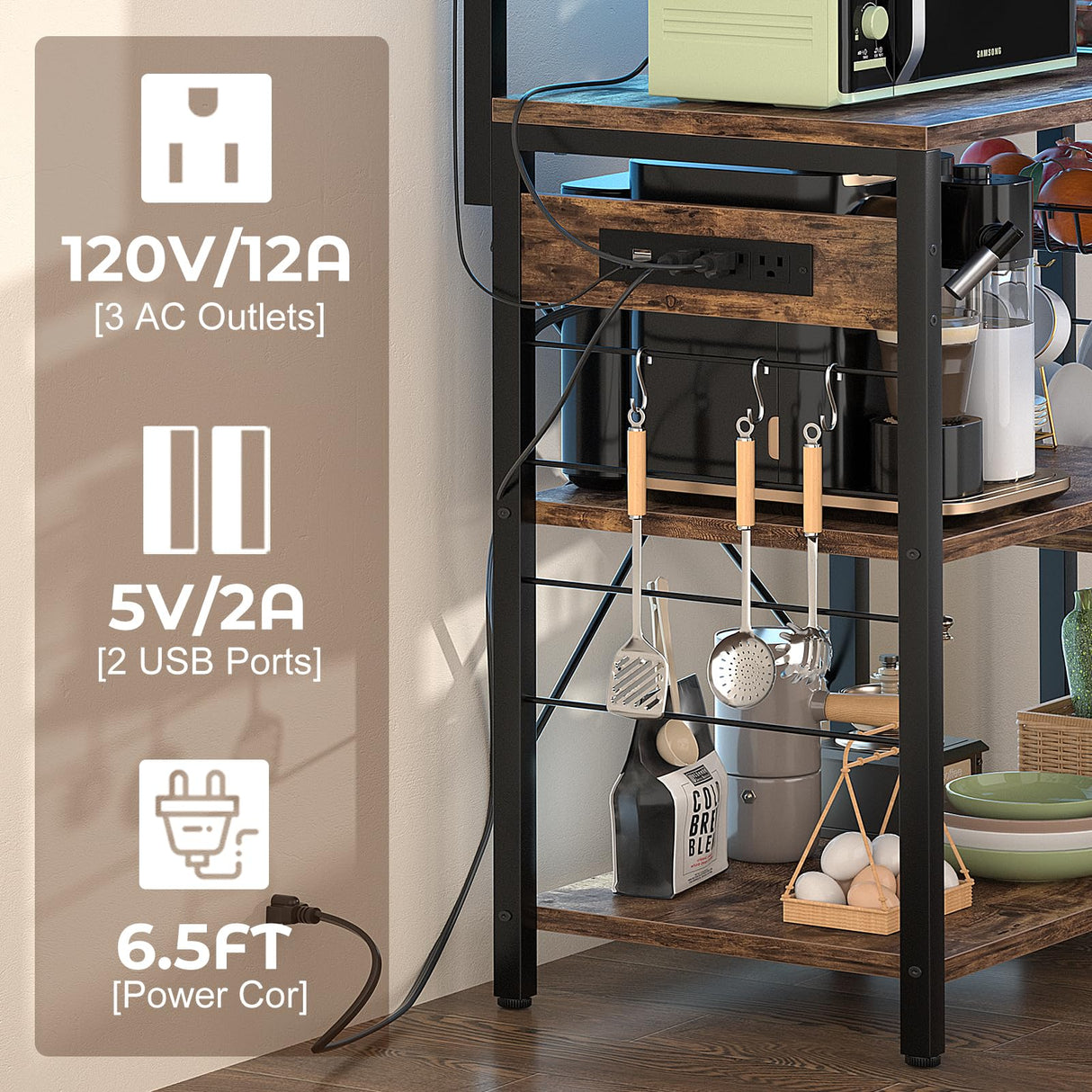 Aheaplus Bakers Rack with Power Outlet and LED Light Strings, Microwave Oven Stand Kitchen Storage Shelf with Wire Basket, Coffee Bar Station Island Table with 10 Hooks for Spices, Pots, Rustic Brown Aheaplus