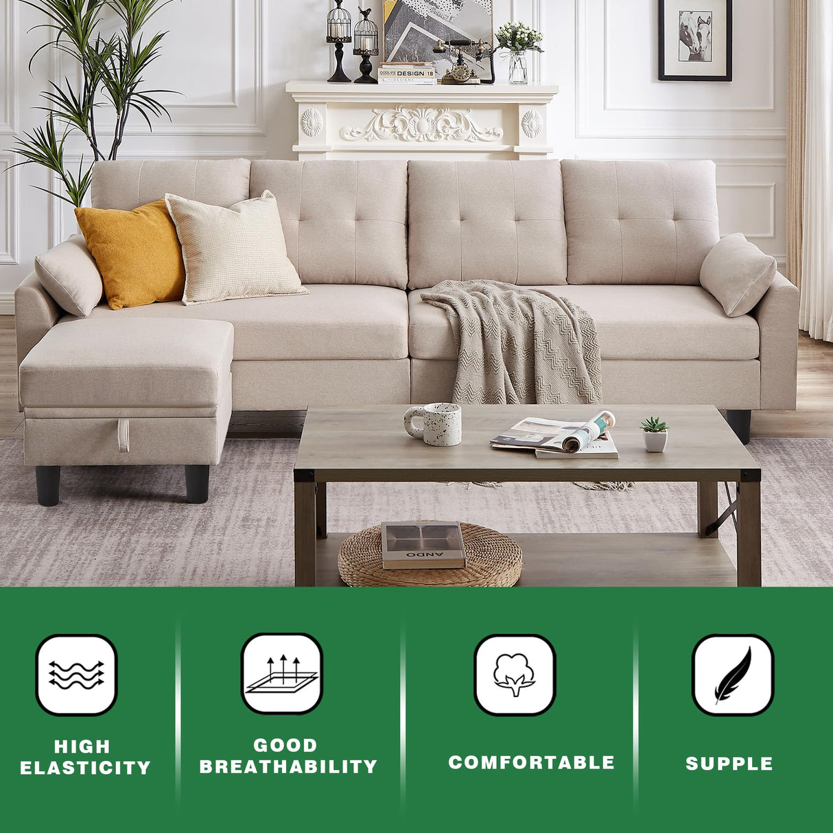 Chireca 102" Convertible Sectional Sofa, Modern L Shaped Couch with Storage Ottoman and Side Pockets, 4 Seater Sofa for Living Room Apartment, Beige Chireca