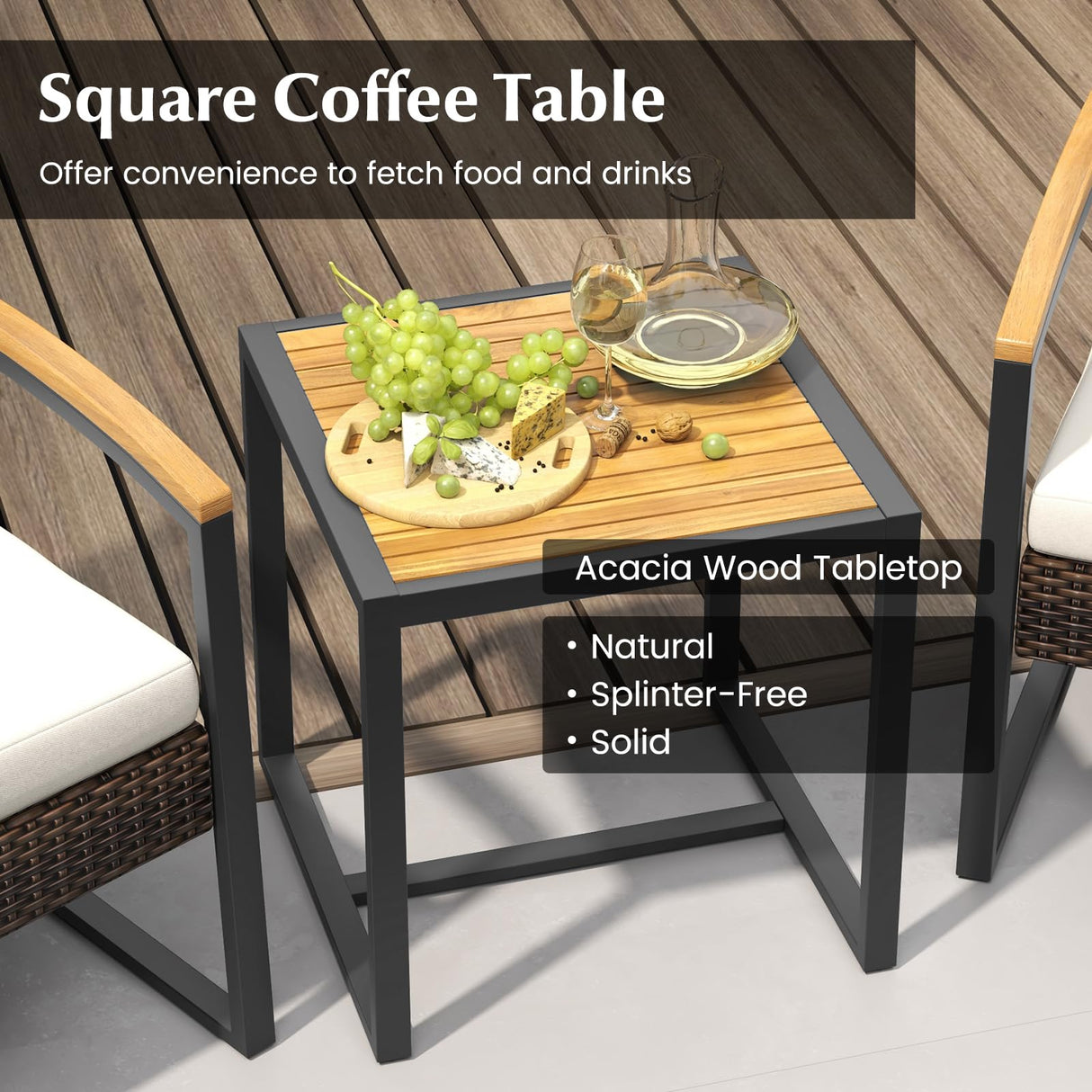 Tangkula 3 Piece Patio Conversation Set, Includes 2 Rattan Chairs and Coffee Table, Solid Acacia Wood Armrests & Tabletop, Outdoor Cushioned Wicker Furniture Set for Backyard, Poolside, Lawn, Garden Tangkula