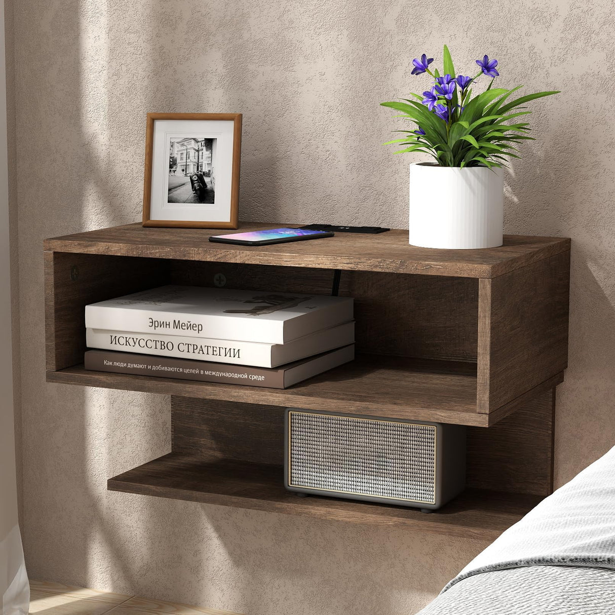ALIMORDEN Floating Nightstand with Charging Station, Wall Mount Bedside Shelf with Drawer Storage USB Ports and Power Outlets, Small Wall Shelves for Bedroom, Weathered Oak ALIMORDEN