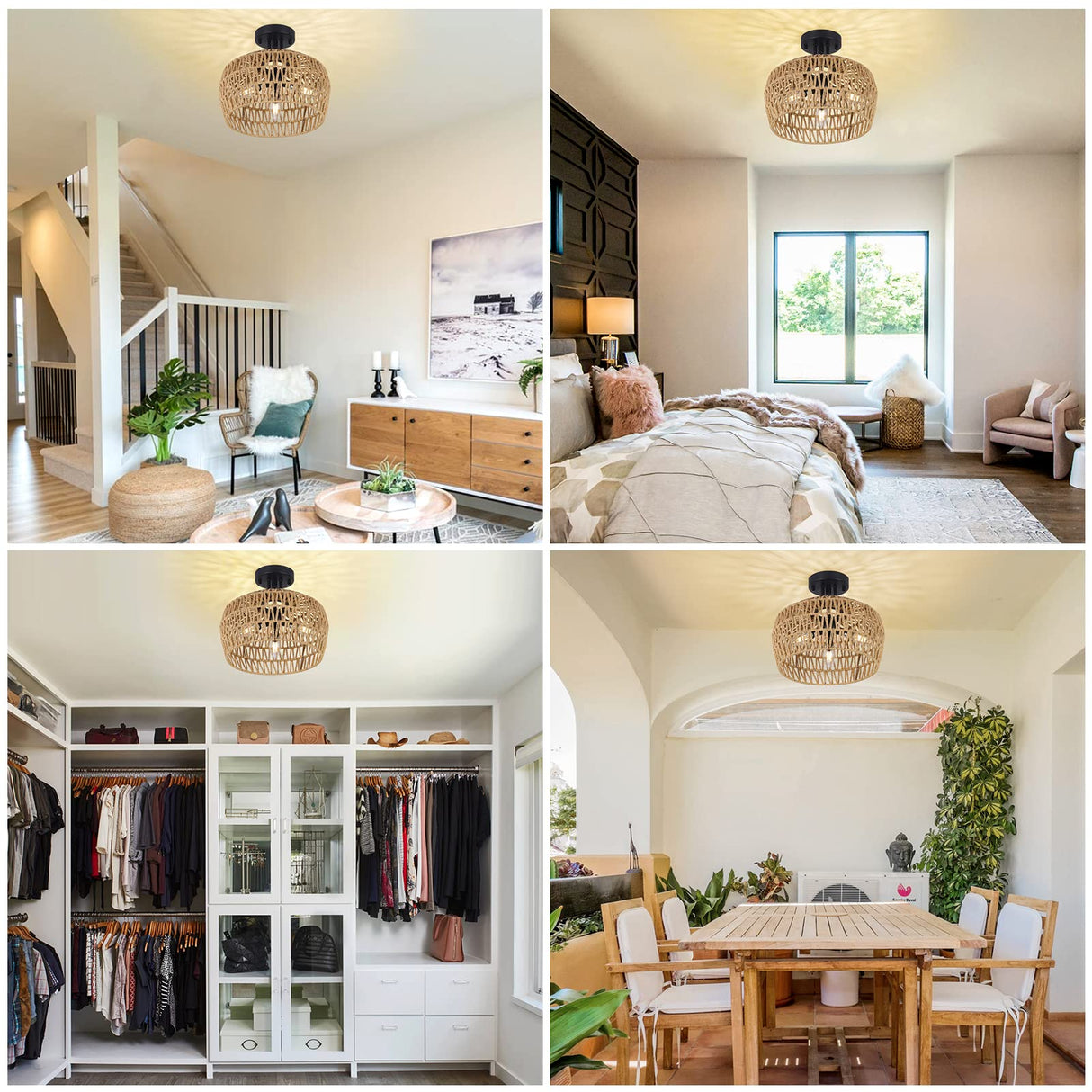 HMVPL Semi Flush Mount Ceiling Light, Rattan Light Fixture Ceiling Mount with Handmade Wicker Lampshade, 3-Lights Boho Chandelier, Woven Close to Ceiling Light for Bedroom Hallway Living Room Kitchen HMVPL