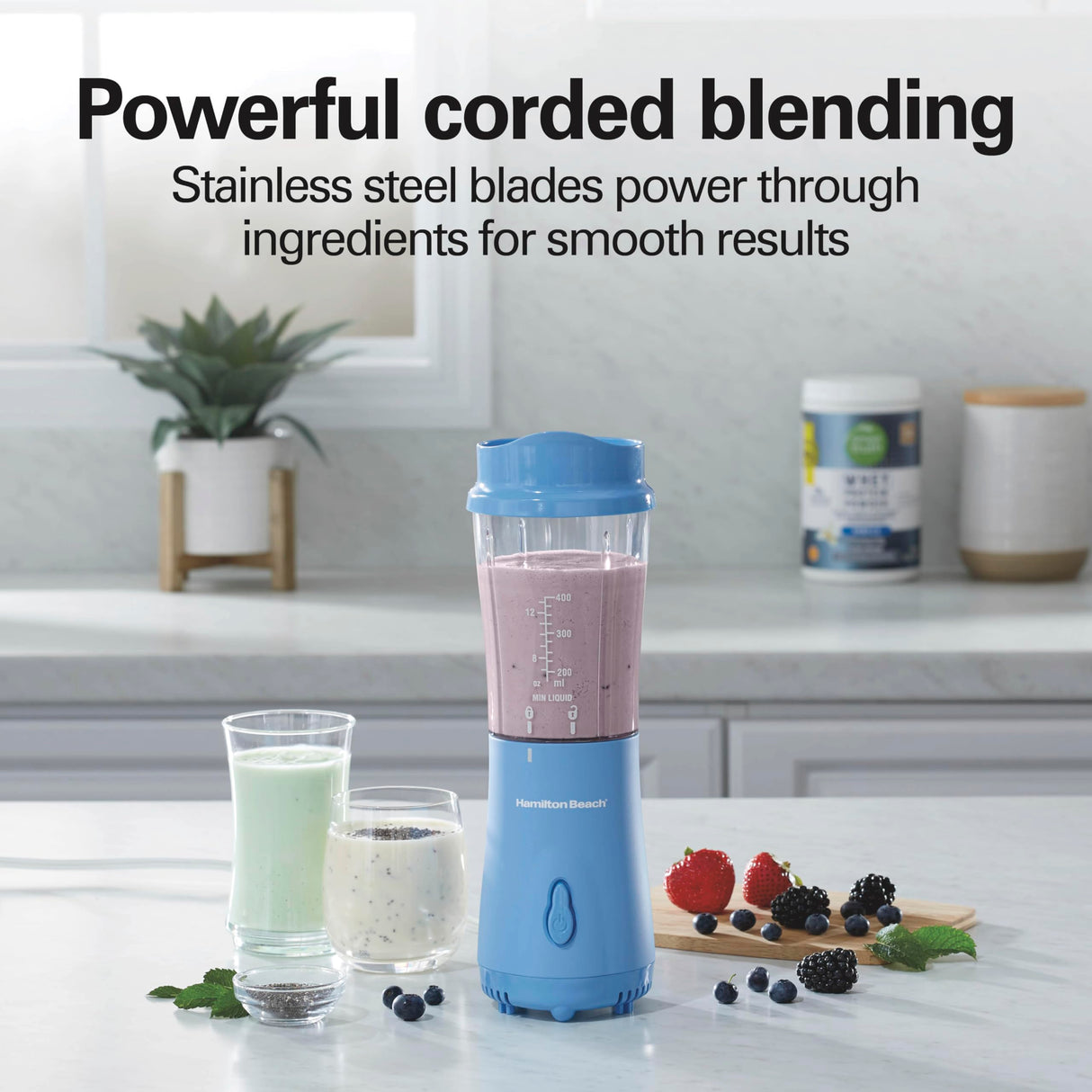 Hamilton Beach Portable Blender for Shakes and Smoothies with 14 Oz BPA Free Travel Cup and Lid, Durable Stainless Steel Blades for Powerful Blending Performance, Tranquil Blue (51172) Hamilton Beach