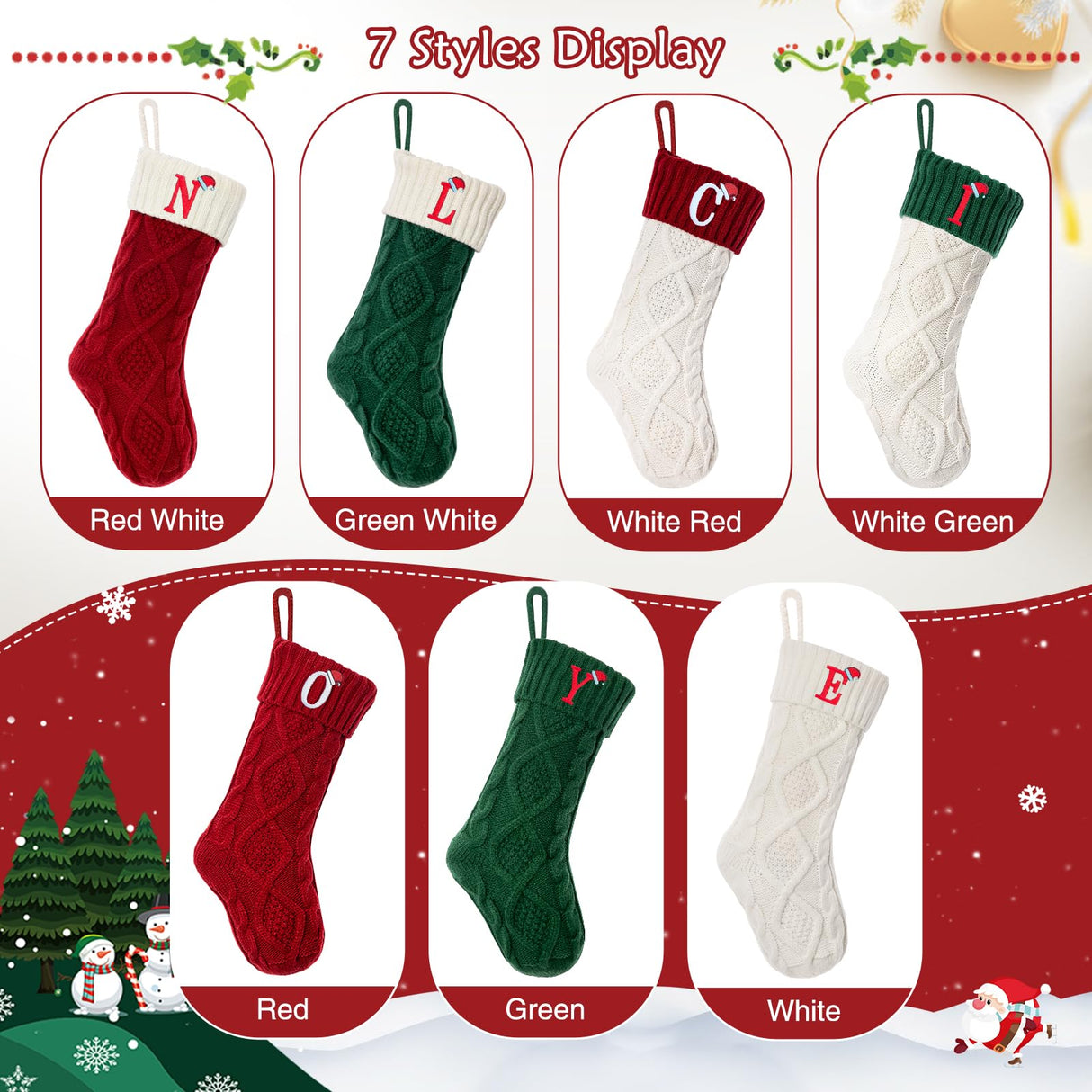 VRFASHION Christmas Stockings with Initials, Letter A Embroidered Xmas Stockings, 18" Large Monogram Knitted Xmas Stocking, Christmas Party Fireplace Family Hanging Stocking Decorations(1 Pack, Red) VRFASHION