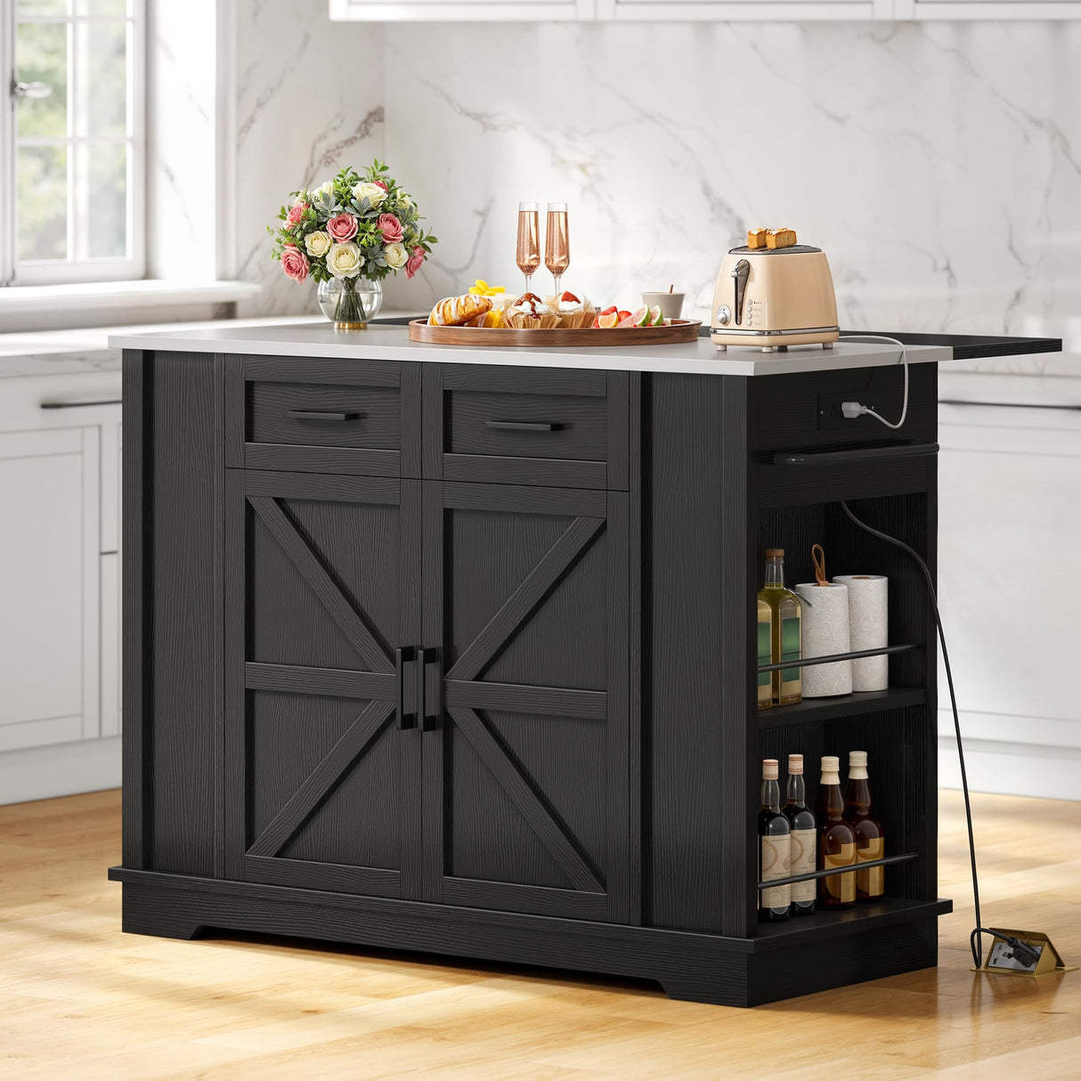 DWVO Kitchen Island w Stainless Steel Top Drop Leaf Bar Seating Power Outlet, 47" Portable Rolling Mobile Center Islands w Folding Dropleaf Storage Drawer Cabinet Wheel Counter Height Metal Top, Black DWVO