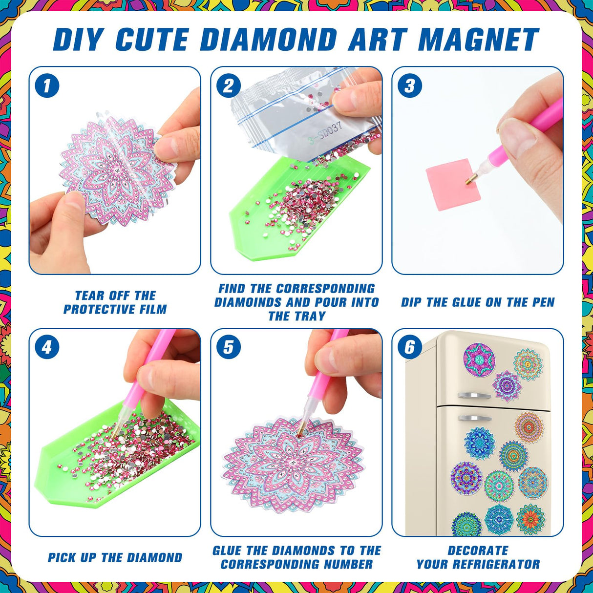 Umigy 16 Pcs Mandala Diamond Art Kits Mandala Diamond Painting Fridge Refrigerator Art Painting Stickers Decals Gift for Adults DIY Crafts Home Decor Umigy