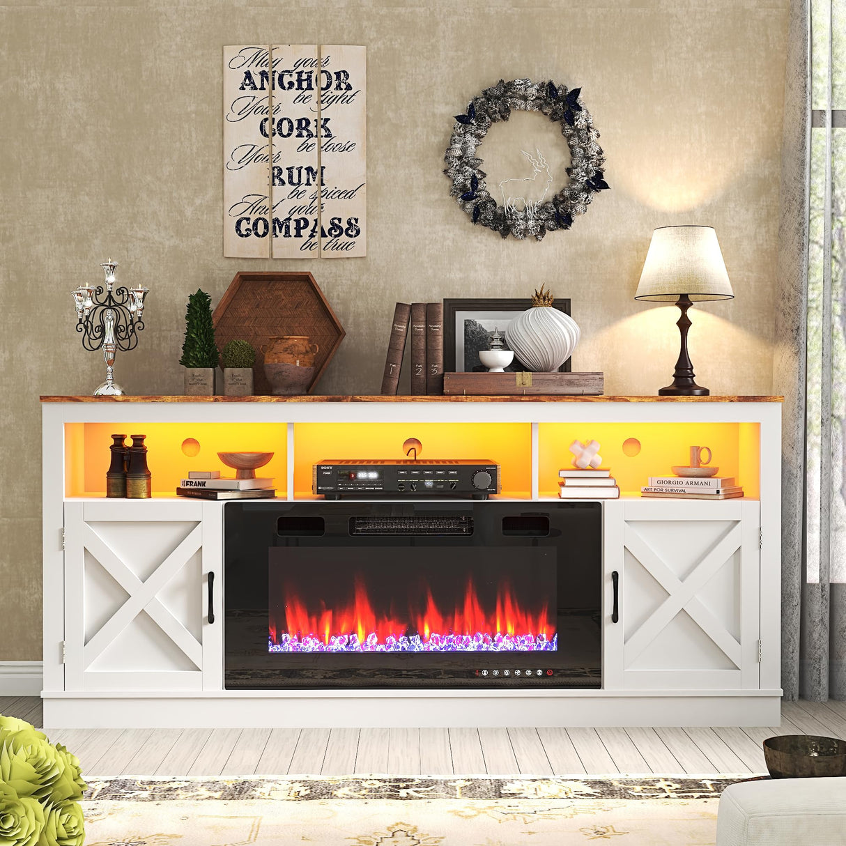 jiteentarou Farmhouse Fireplace TV Stand for 70/75/80 Inch TV, 32”Tall Entertainment Center w/ 36”Electric Fireplace & LED Light, 70”Media Console w/Barn Door Cabinet for Living Room, White jiteentarou