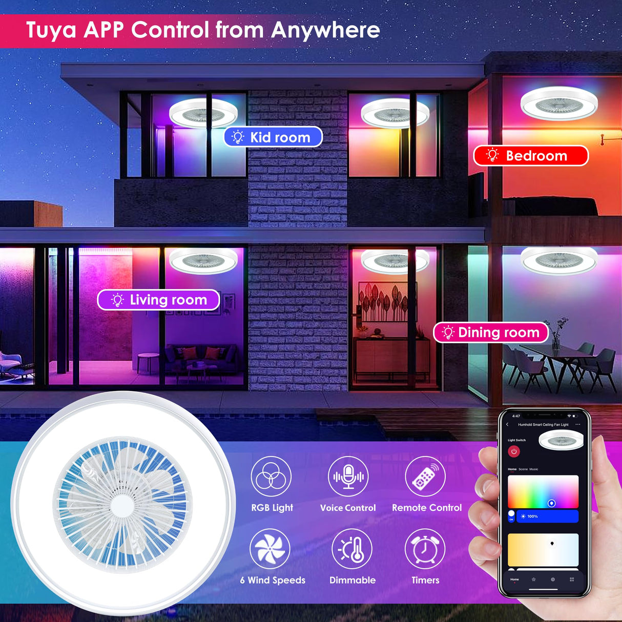 HUMHOLD 24" Bladeless Ceiling Fan with RGB Light Remote, Smart LED Ceiling Fans with Voice/App Control, Modern Low Profile Dimmable Light Ceiling Fan for Bedroom Living Room HUMHOLD