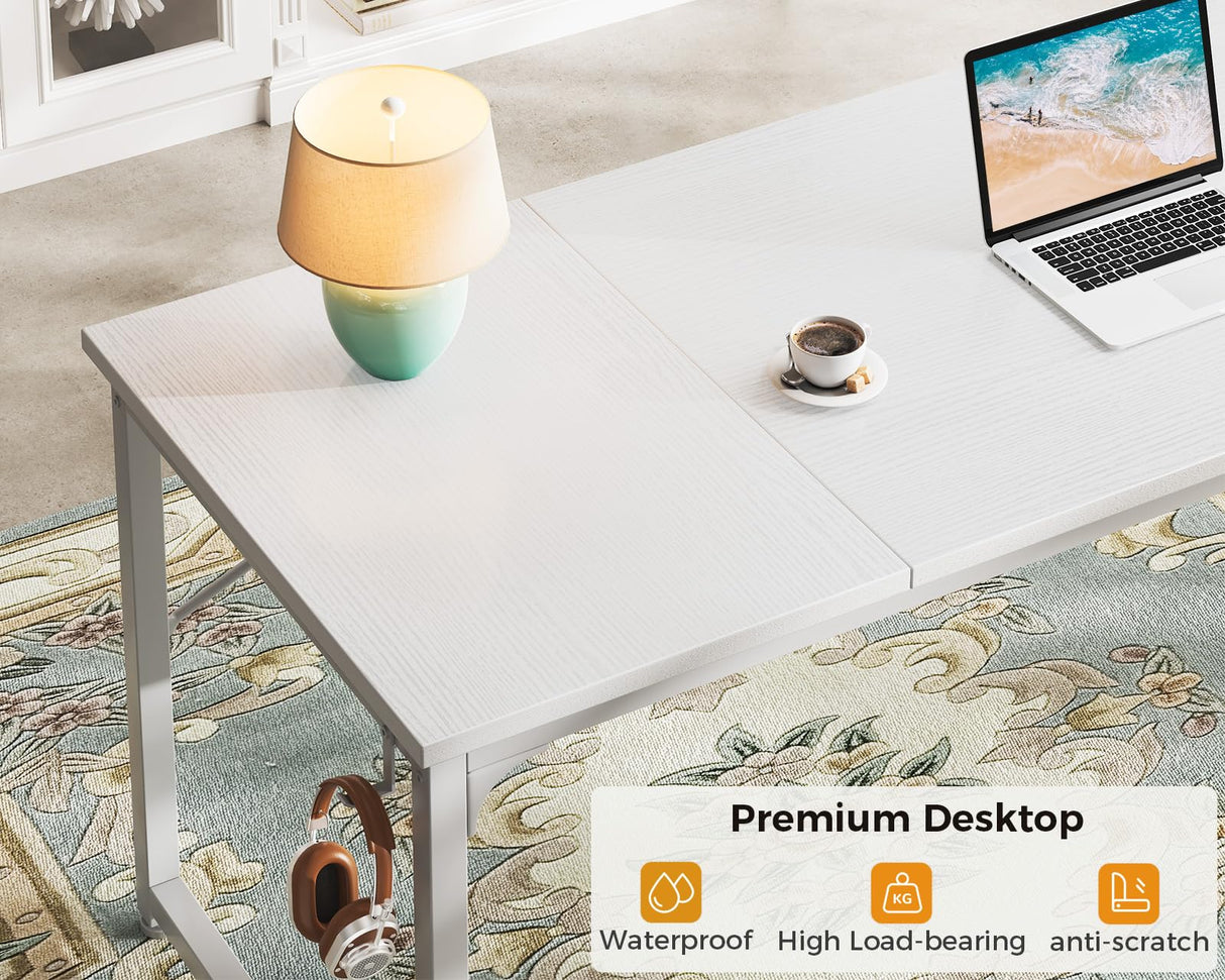 ODK Computer Desk Large Office Desk, 63 Inch Gaming Desk with Storage, Modern PC Desk Work Table with Headphone Hook for Home Office, Splice Board, White + White Leg ODK