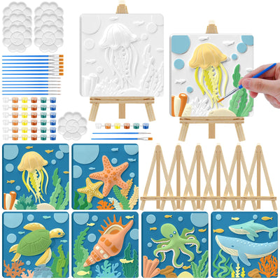 JellyArch 6 Set 3D Ocean Animal Ceramic Painting Kit Ready to Ceramics Make Your Own Crafts Under The Sea Creatures Unpainted Plaster Painting Acrylic Paints Brushes Easel Palette Party Favor