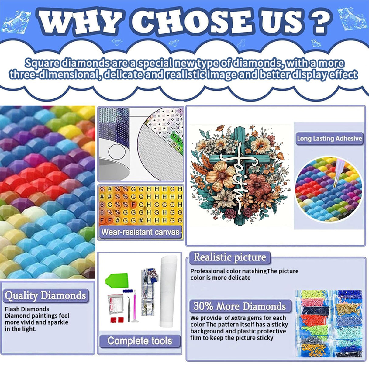 Square Drill Diamond Painting Cross Flower - 5D Full Square Diamond Art Kits for Adults with Tools, Stunning No-Gap Design, Easy to Apply and Frame, Home Wall Decor, Gift Idea(14x14 Inch) WEMEON