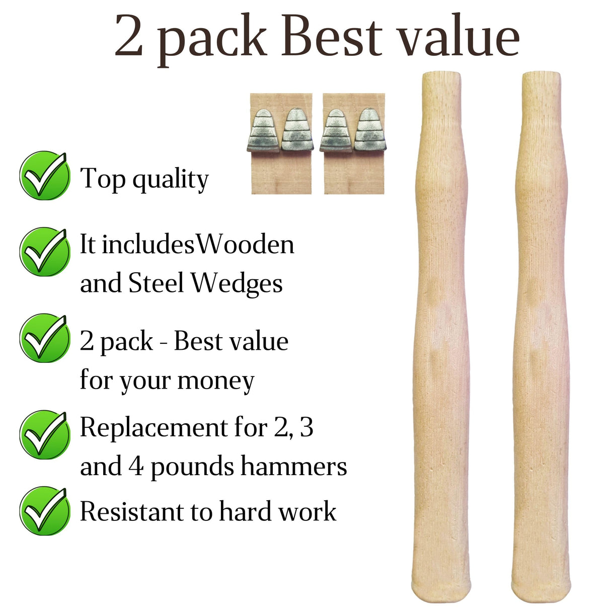 2 pack Wood Sledge hammer handle replacement for 2, 3 and 4 lb Complete Set with Wooden and Steel Wedges - Wood replacement ball pien hammer handle - Wood tool handle - Wooden handle hammers in bulk Cuitáxi