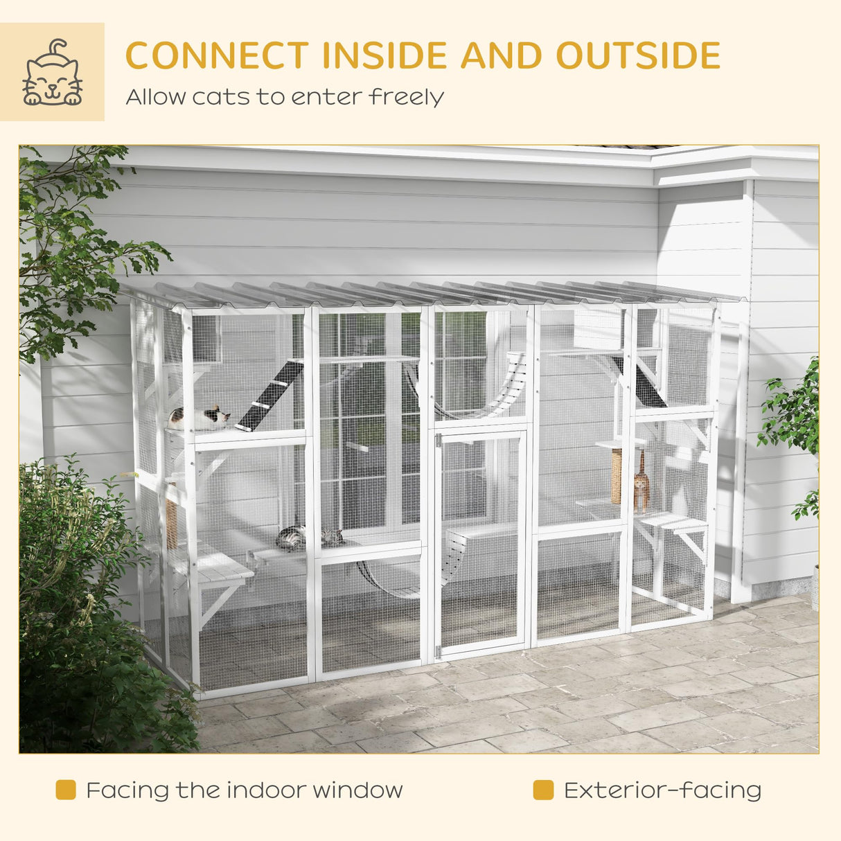 PawHut Catio Playground Cat Window Box Outside Enclosure, Outdoor Cat House with Weather Protection Roof for Multiple Kitties, Wooden Frame, Shelves & Bridges, 118" x 37.5" x 74", White PawHut
