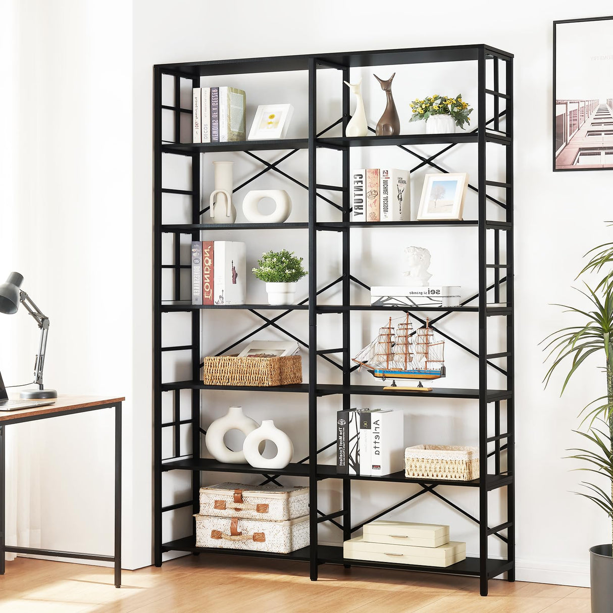 HOMISSUE 84" Double Wide Industrial 7-Tier Black Bookshelf with Open Shelves HOMISSUE