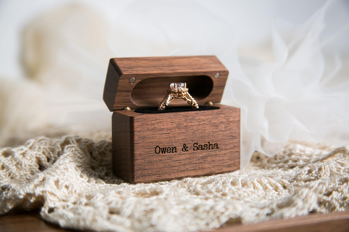 MUUJEE Custom Engraved Wood Flip Ring Box, 2.25 x 0.9 x 2 Inches Wooden Slim Ring Holder For Engagement Proposal, Weddings, Anniversaries, Birthday Gift Ideas MUUJEE