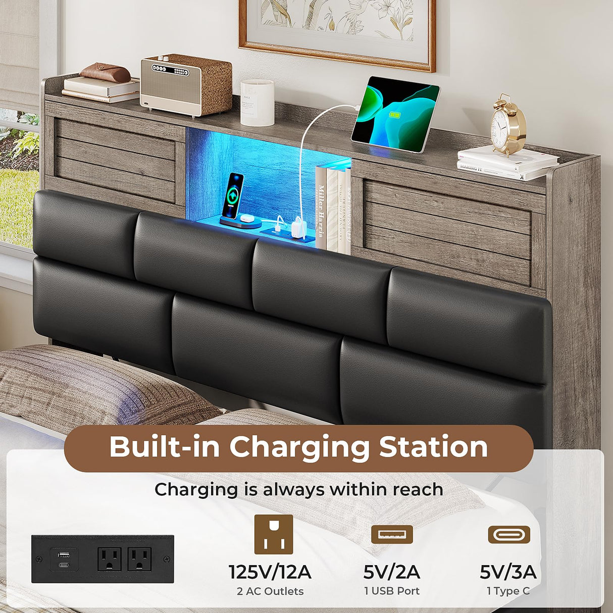 MSmask Queen Bed Frame with Bookcase Headboard and Sliding Doors, Upholstered LED Bed Frame Queen Size with Charging Station, 4 Storage Drawers, No Box Spring Needed, Black & Grey MSmask