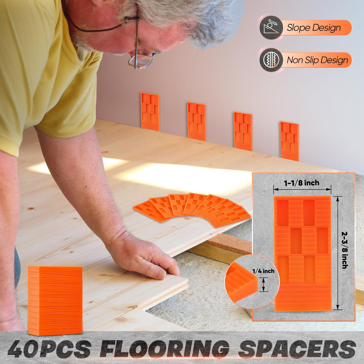 Saker Laminate Flooring Tools, 65-Piece Wood Flooring Installation Kit with 60 Flooring Spacers,Tapping Block with Handle, Pull Bar, 10”Contour Gauge, Rubber Mallet, Tape Measure Saker