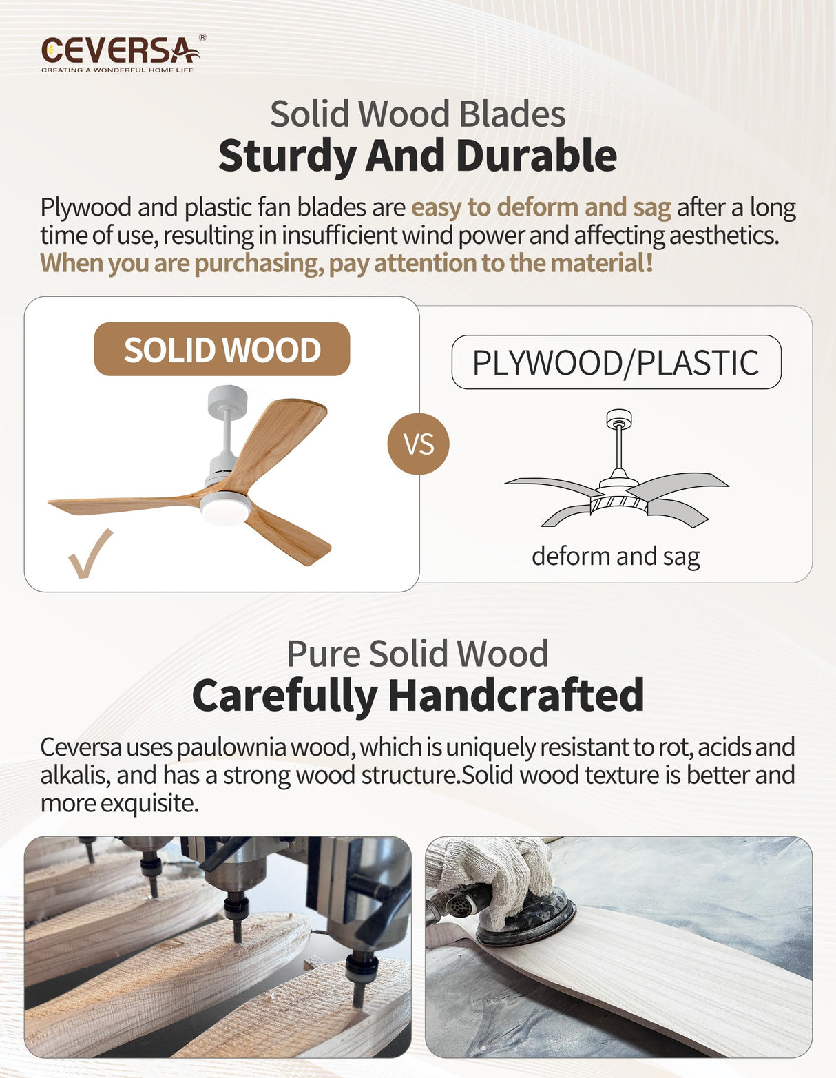 Ceversa 52 Inch Solid Wood Ceiling Fan with Light and Remote Control,3 Blades Natural Wood Modern Ceiling Fan Craftmade Noiseless Quiet for Living Room Bedroom Farmhouse Indoor Outdoor Ceversa