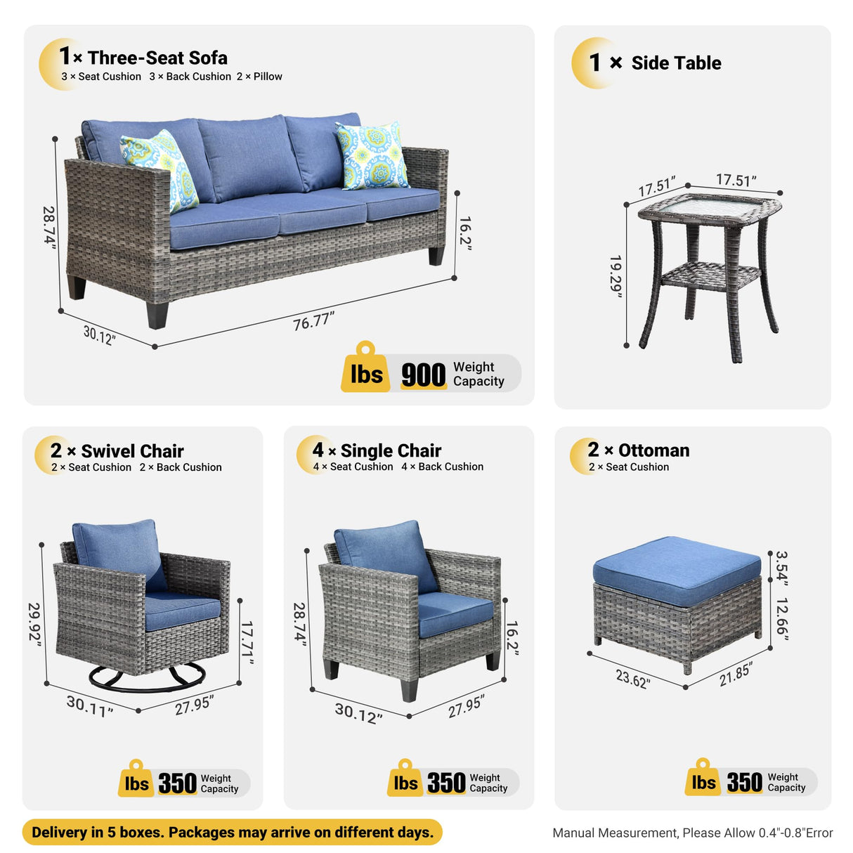 ovios Patio Furniture Set, 10 Piece Outdoor Wicker Sofa with Swivel Rocking Chairs and Comfy Cushions, High Back Rattan Couch Conversation Set, Denim Blue ovios