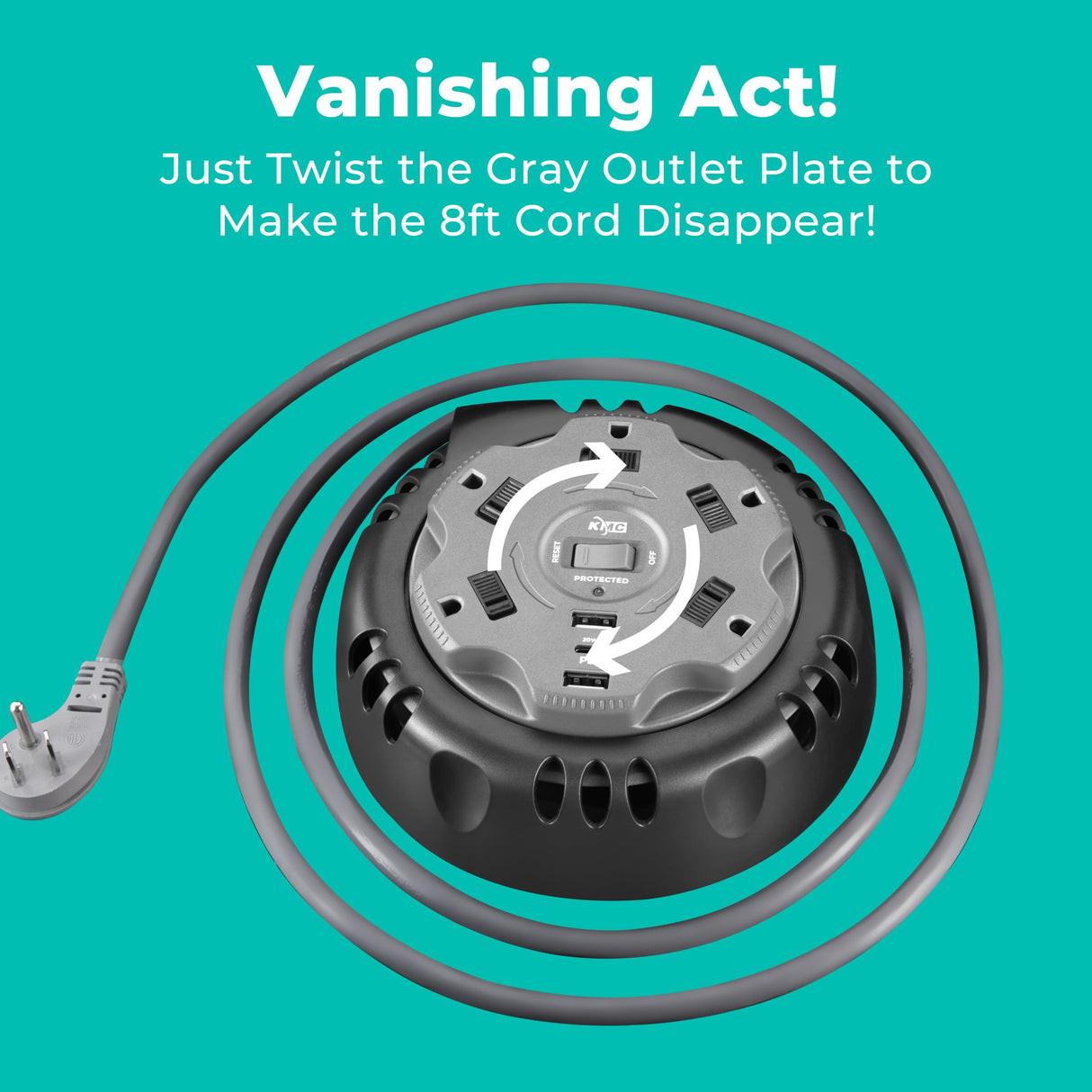 KMC 5-Outlet USB-C PD Surge Twist Retractable Power Strip Cord Reel, 2 USB-A & 1 USB-C Power Delivery, 735J Surge Protector, 8ft Retractable Extension Cord, 3-Prong Flat Plug, UL/ETL Certified, Gray KMC