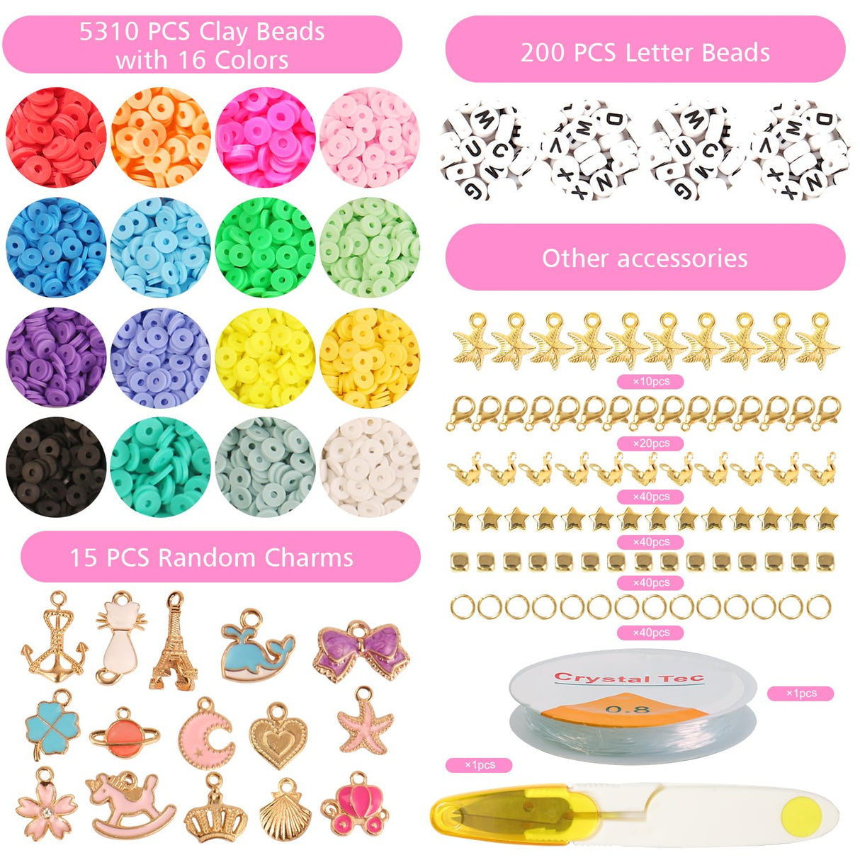 UHIBROS 5815 Pcs Clay Beads Bracelet Making Kit with Pretty Pendant Charms, Jewelry Making Kit for Girls 8-12, Polymer Letter Heishi Beads , Gifts for Girls NANQUAN