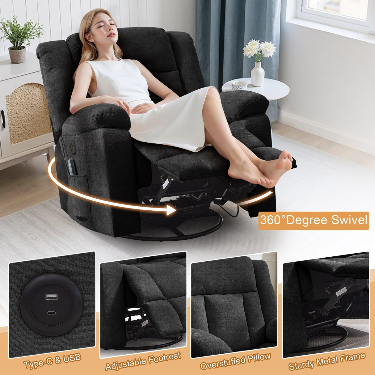 Korser Rocker Recliner, Glider Recliner Chairs for Adults, 360° Swivel Rocking Chair with Massage and Heating, Nursery Chair with Storage and USB Charging for Living Room, Bedroom, Nursery Korser