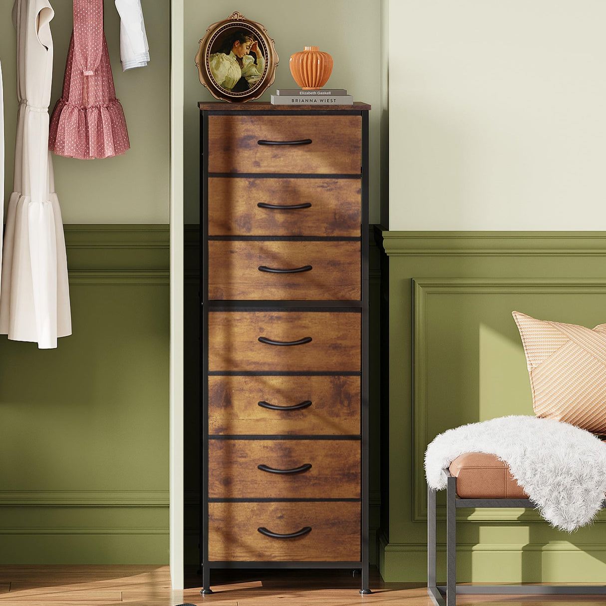 WLIVE Tall Dresser for Bedroom, 7 Drawer Dressers & Chests of Drawers, Fabric Dresser for Closet, Night Stand with Metal Frame, Storage Tower with Fabric Bins, Wood Top, Rustic Brown Wood Grain Print WLIVE