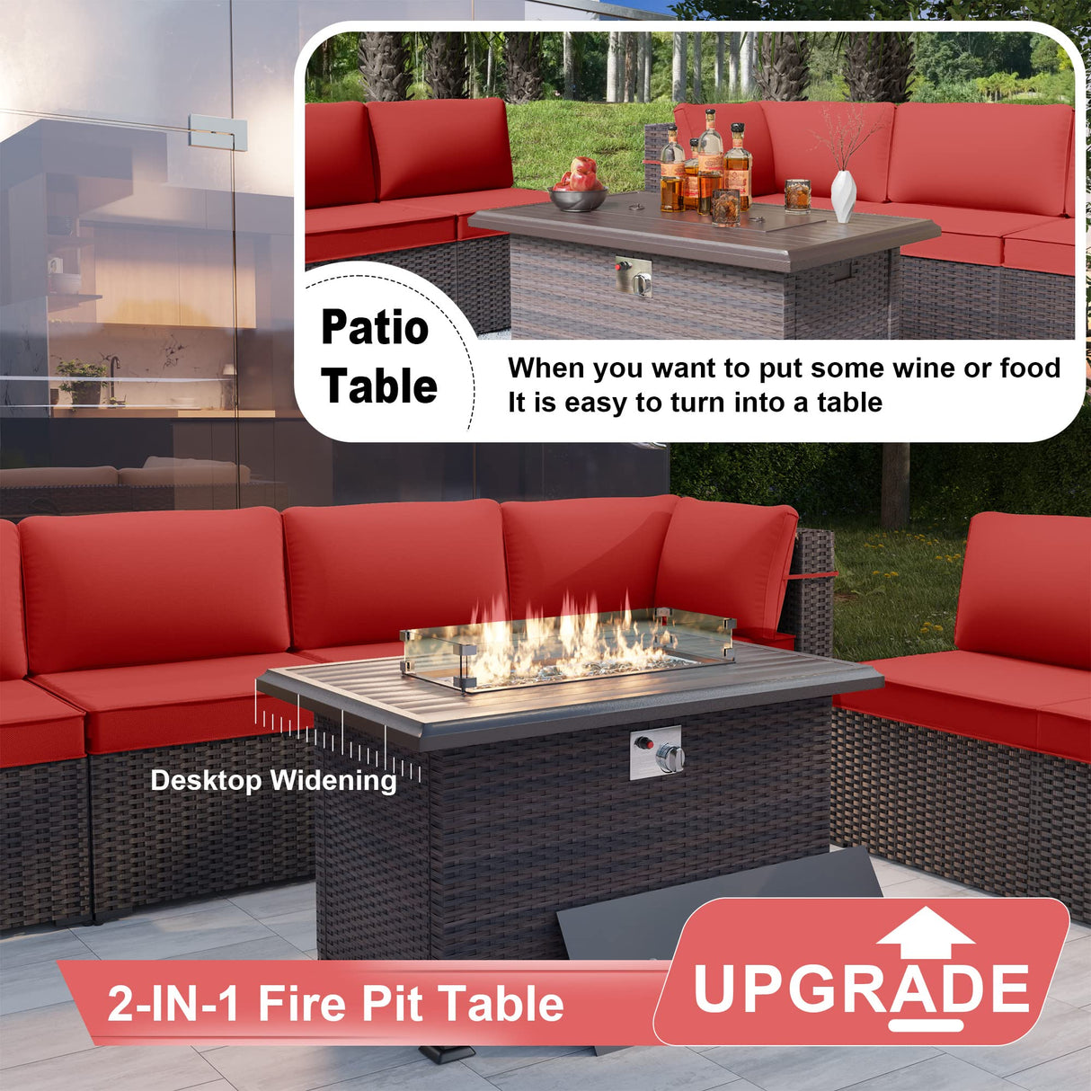 Kurapika 15 Pieces Patio Furniture Set, Rattan Wicker Outdoor Conversation Sets w/43in Propane Fire Pit Table and 4 Inch Cushion(Red) Kurapika
