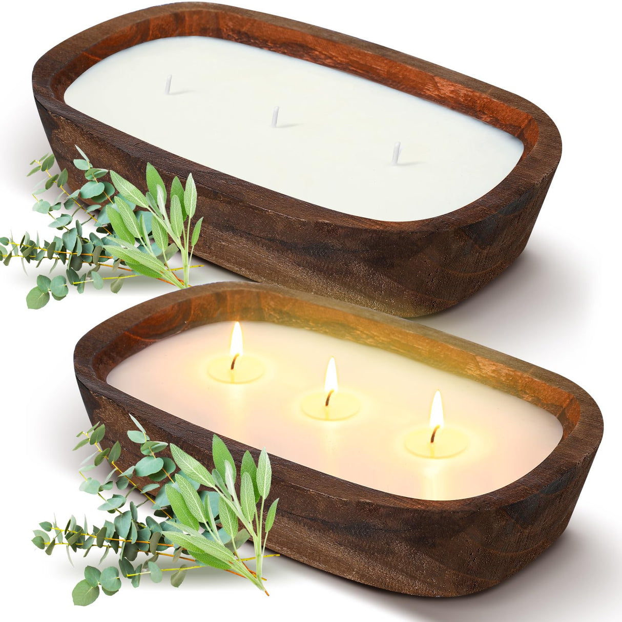 Threlaco 2 Pack 10 Inch Wood Dough Bowl Candle Candle Decorative with Wick Scented Candles Soy Gifts for Men Women Farmhouse Table Centerpiece Home(Sage and Eucalyptus) Threlaco