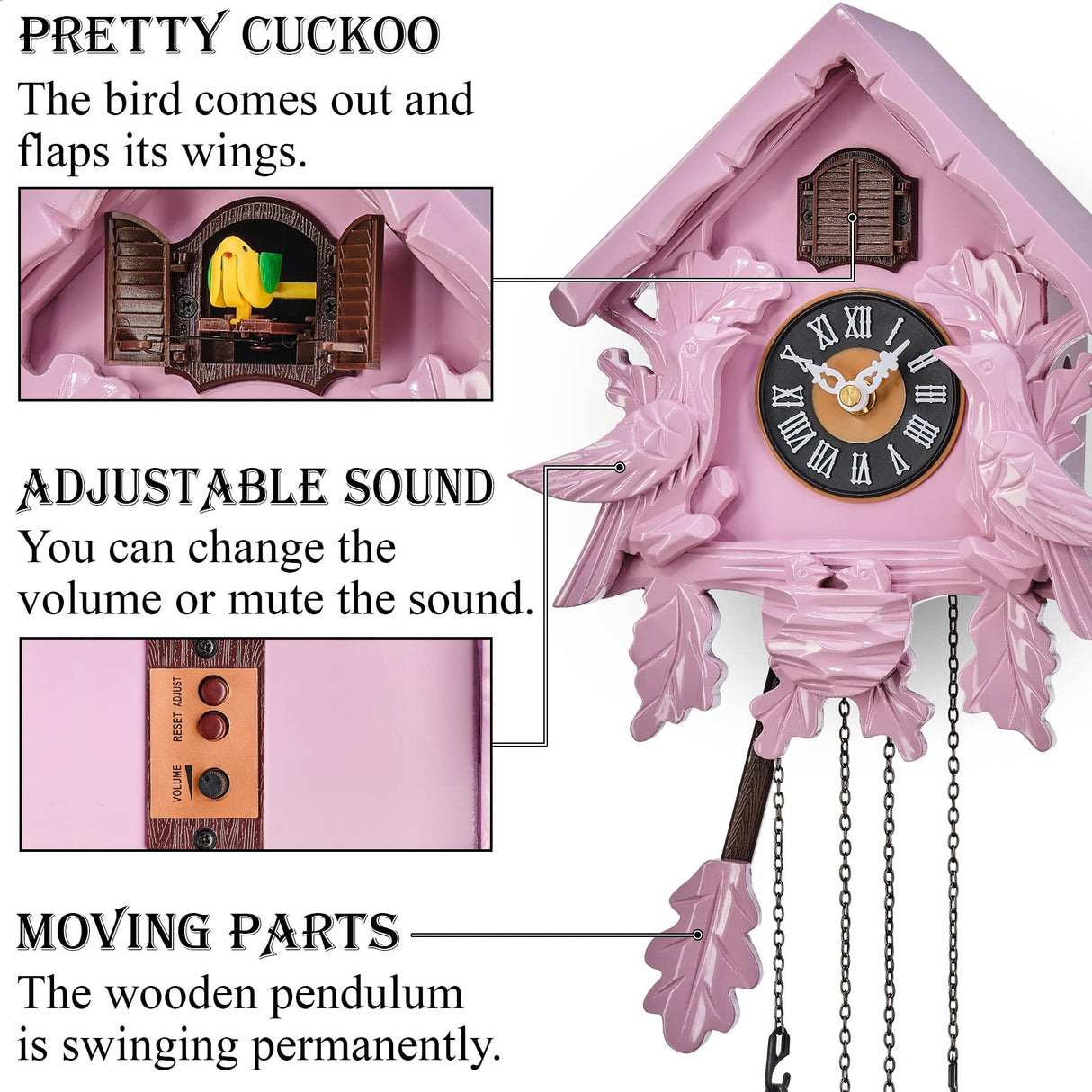 TIMEGEAR Cuckoo Clock with Night Mode, Singing Bird, Wooden Decorations and Swinging Pendulum (Pink) TIMEGEAR