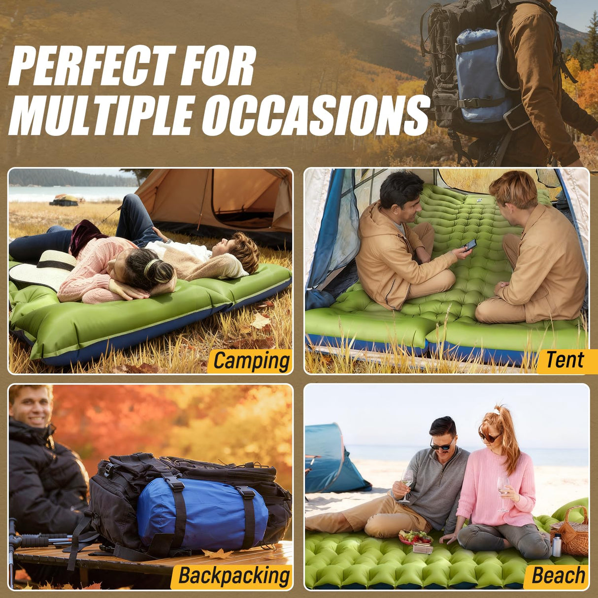 Yuzonc Double Sleeping Pad - Self Inflating 4" Extra-Thick for 2 Person with Pillow Built-in Foot Pump Inflatable Sleeping Mat for Backpacking, Hiking, Traveling, Tent, Portable Camping Mat Yuzonc