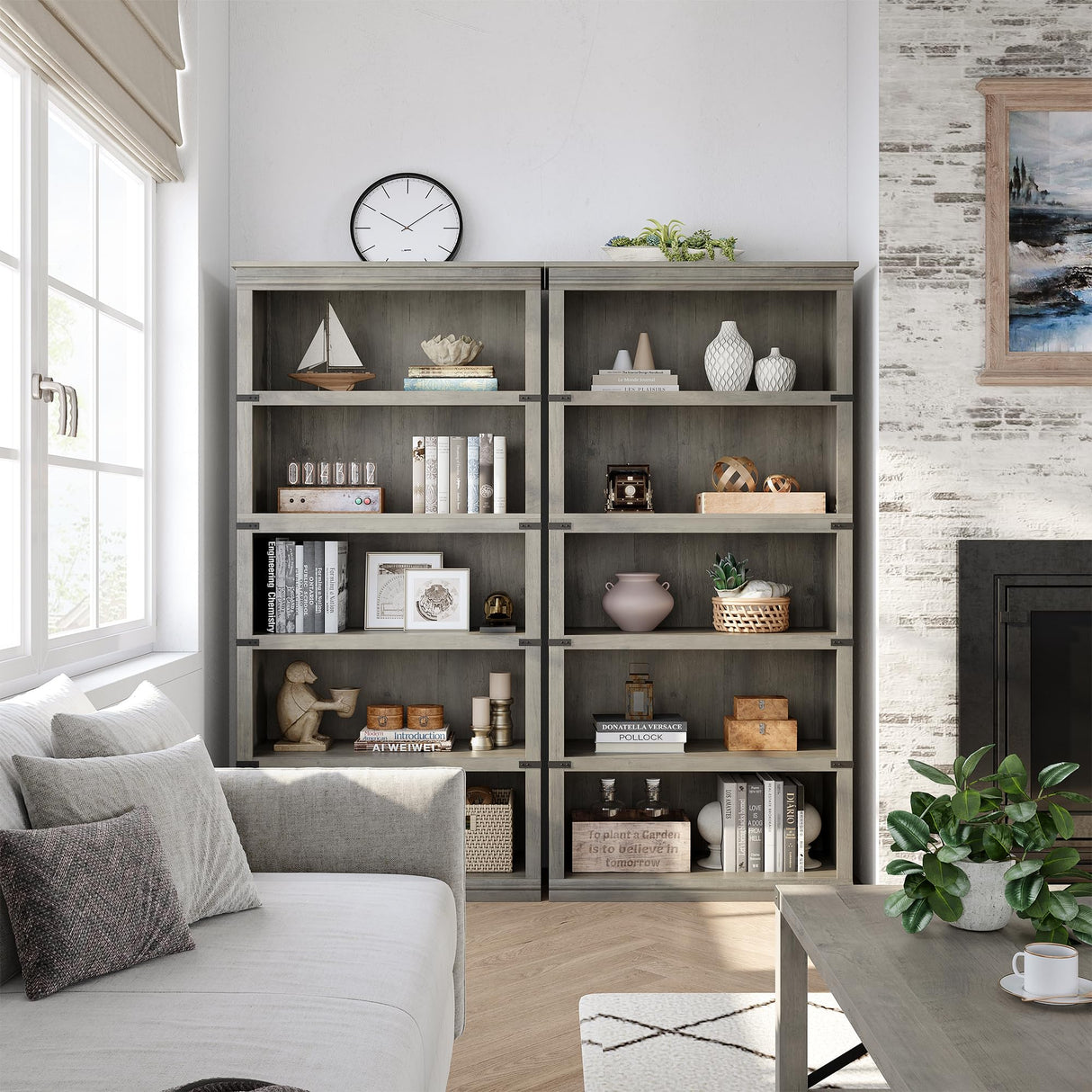 5 Tier Farmhouse Bookcase, 67.4" Tall Book Shelf with Storage, Wooden Bookshelves 5 Shelf Display Shelvesfor Home Office, Living Room(67.4" H x 31.5" W x 12.8" D) (Grey, 67.4" H x 31.5" W x 12.8" D) GarveeHome