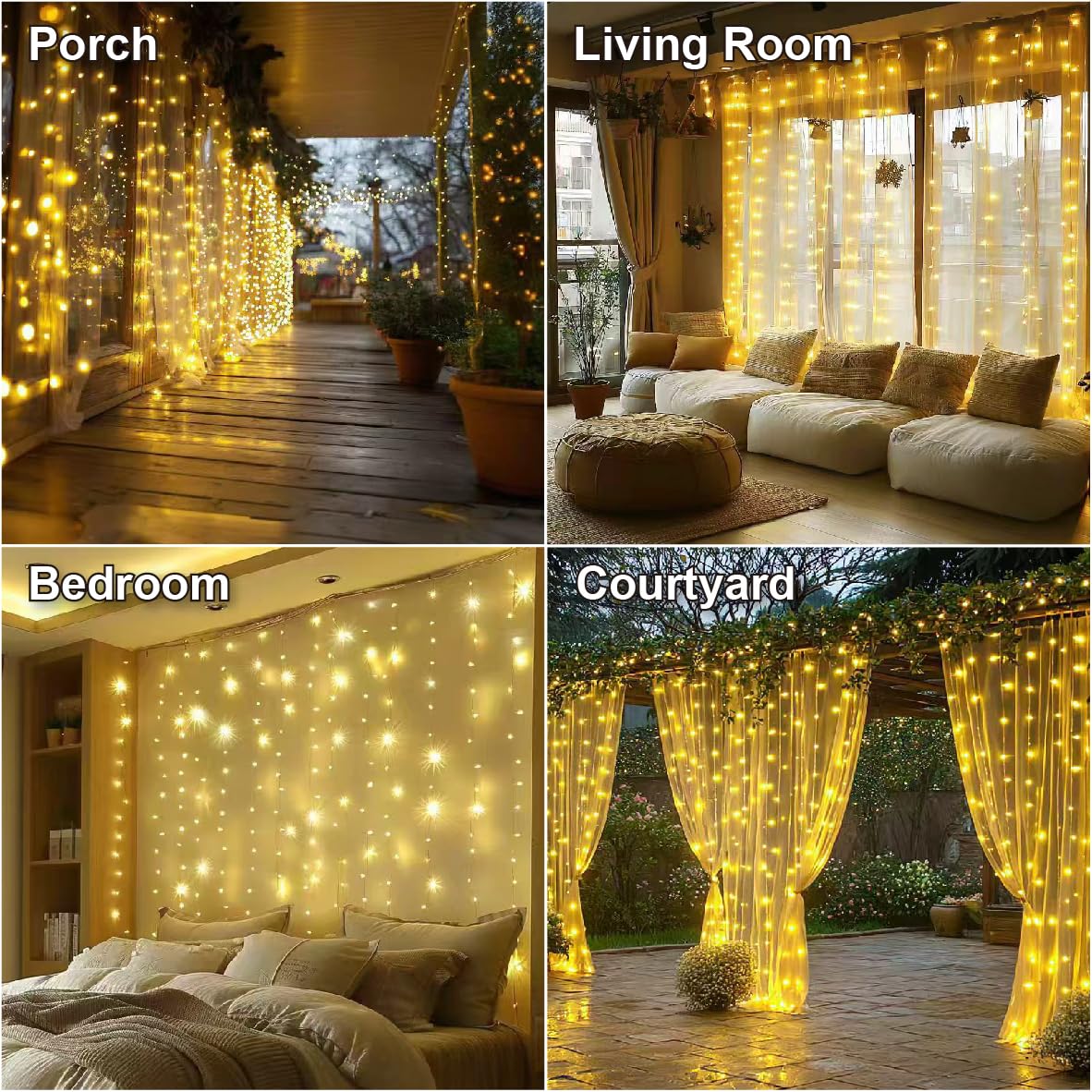 HXWEIYE 300LED Fairy Curtain Lights, 9.8x9.8Ft Warm White USB Plug in 8 Modes Christmas String Hanging Lights with Remote for Bedroom, Indoor, Outdoor, Weddings, Party HXWEIYE