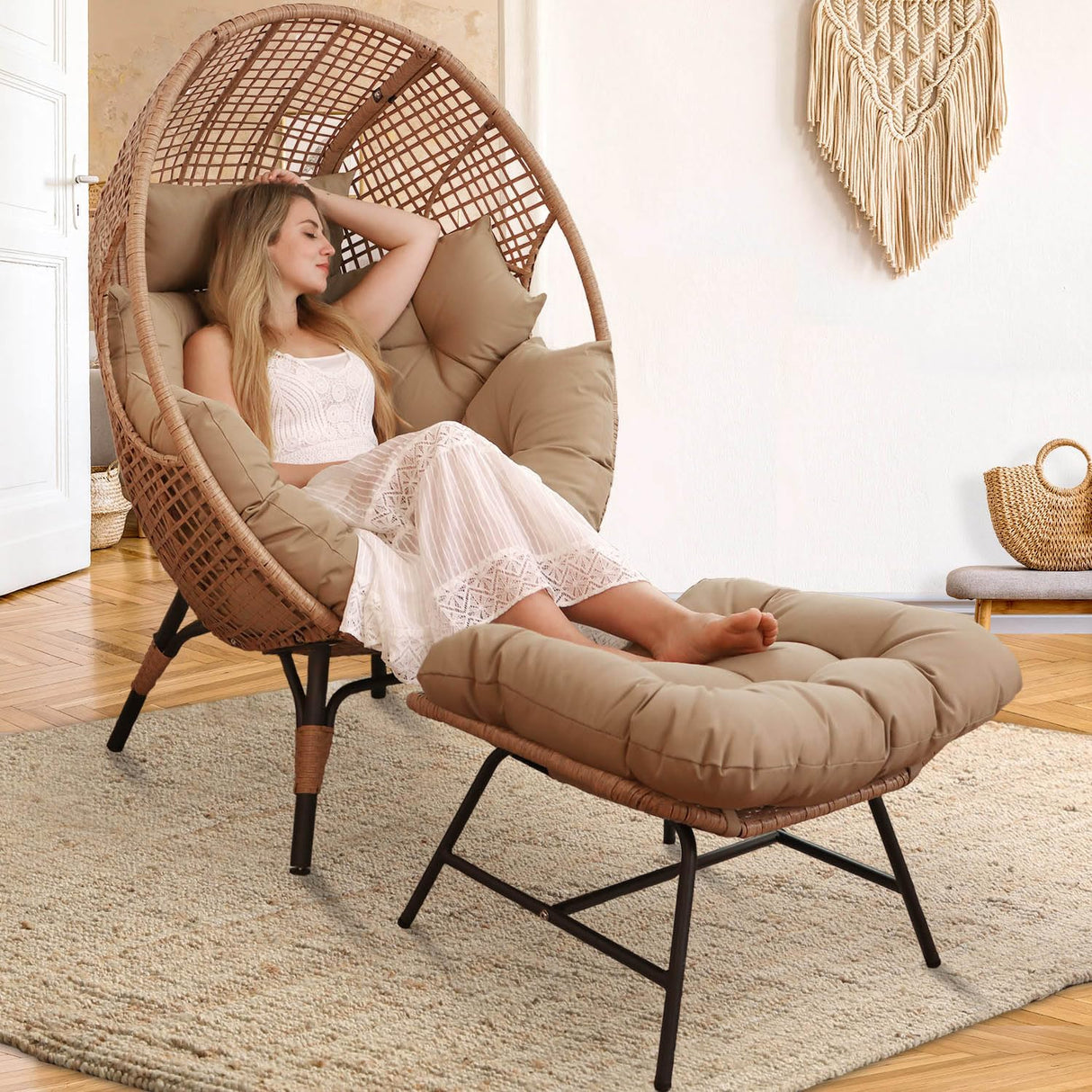 NICESOUL Indoor Outdoor Stationary Wicker Egg Chair w/Footrest, Extra Large Egg-Seat w/Cushion, 440lbs Egg-Shape Lounge Chair with Legs, Cozy Boho Rattan Chair for Patio, Balcony, Sunroom, Brown NICESOUL
