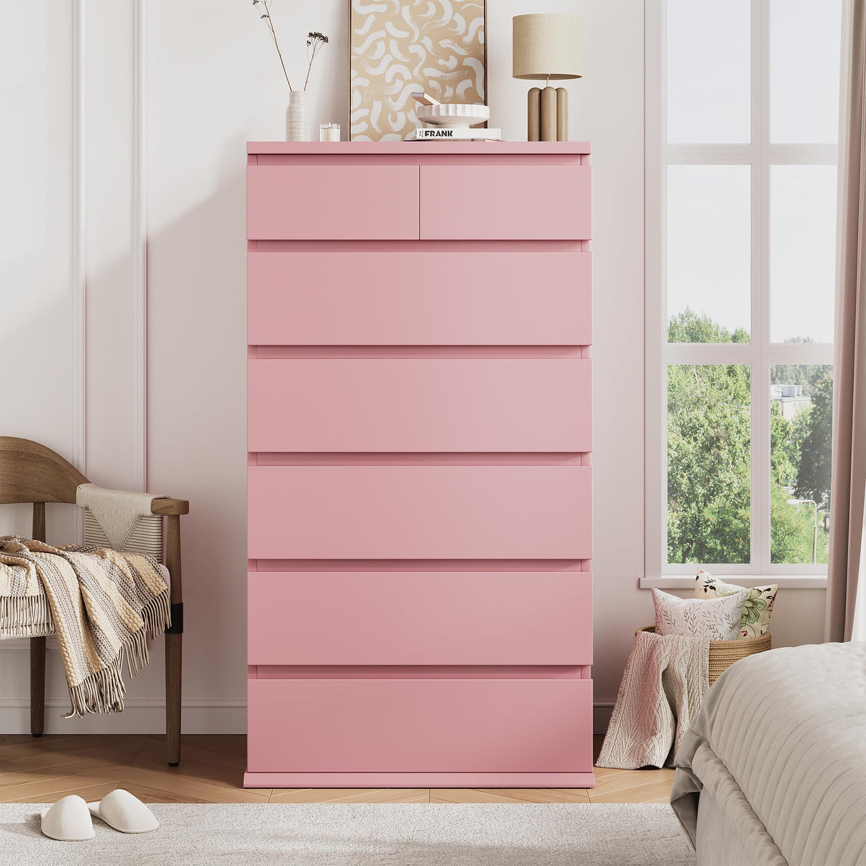 Pink Tall 7 Drawer Dresser for Bedroom, Modern Wood Closet Dressers & Chests of Drawers with Jewelry Storage, 23.6" L*15.8" W*47.5" H in Large Vertical Dresser for Bedroom, Living Room, Nursery Jocoevol