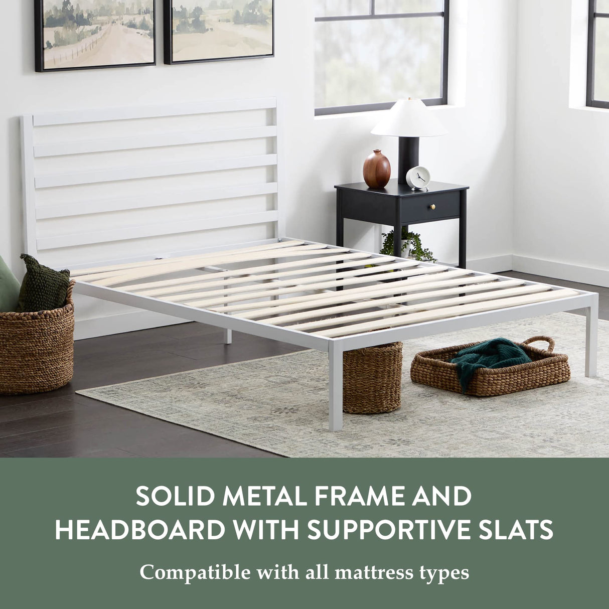 Edenbrook Cassidy Metal Platform Bed Frame with Metal Headboard - Box Spring Not Required - Wood Slat Support, White, Queen Edenbrook