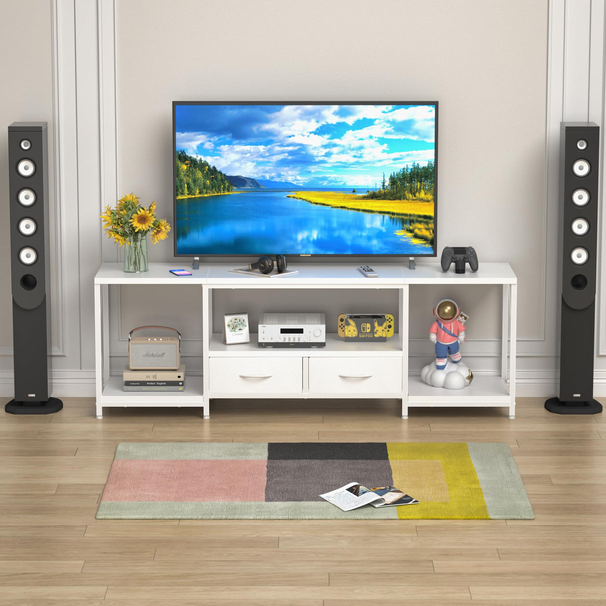 GYIIYUO TV Stand with Fabric Drawers for 55 60 65 Inches TV - Entertainment Center and Industrial TV Console Table with Open Storage Shelves for Living Room, Bedroom - 55.1" White GYIIYUO