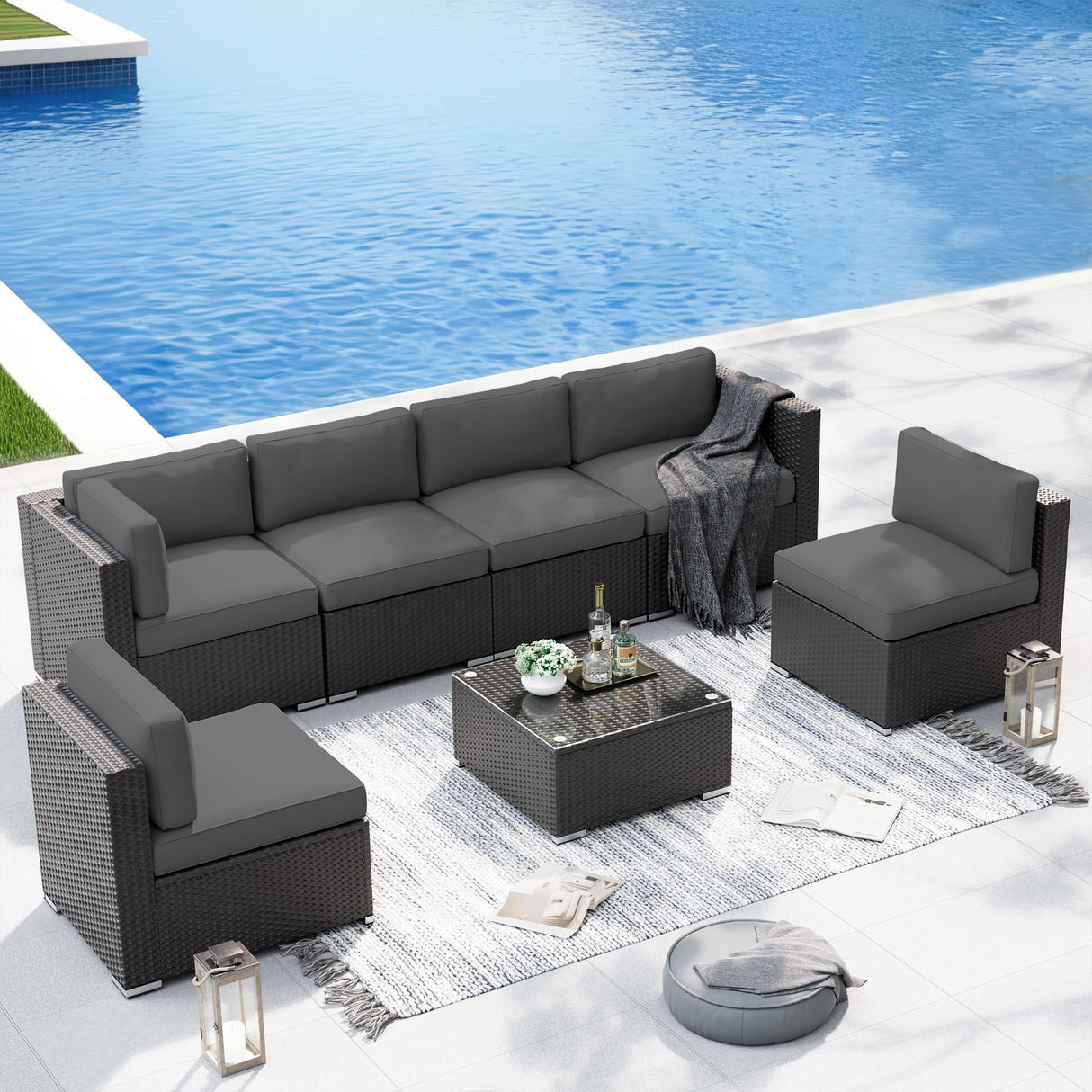 SUNCROWN 7-Piece Outdoor Patio Furniture Sofa Set All-Weather Wicker Sectional Conversation Set with Modern Glass Coffee Table, Cushions and A Waterproof Cover (Grey) SUNCROWN