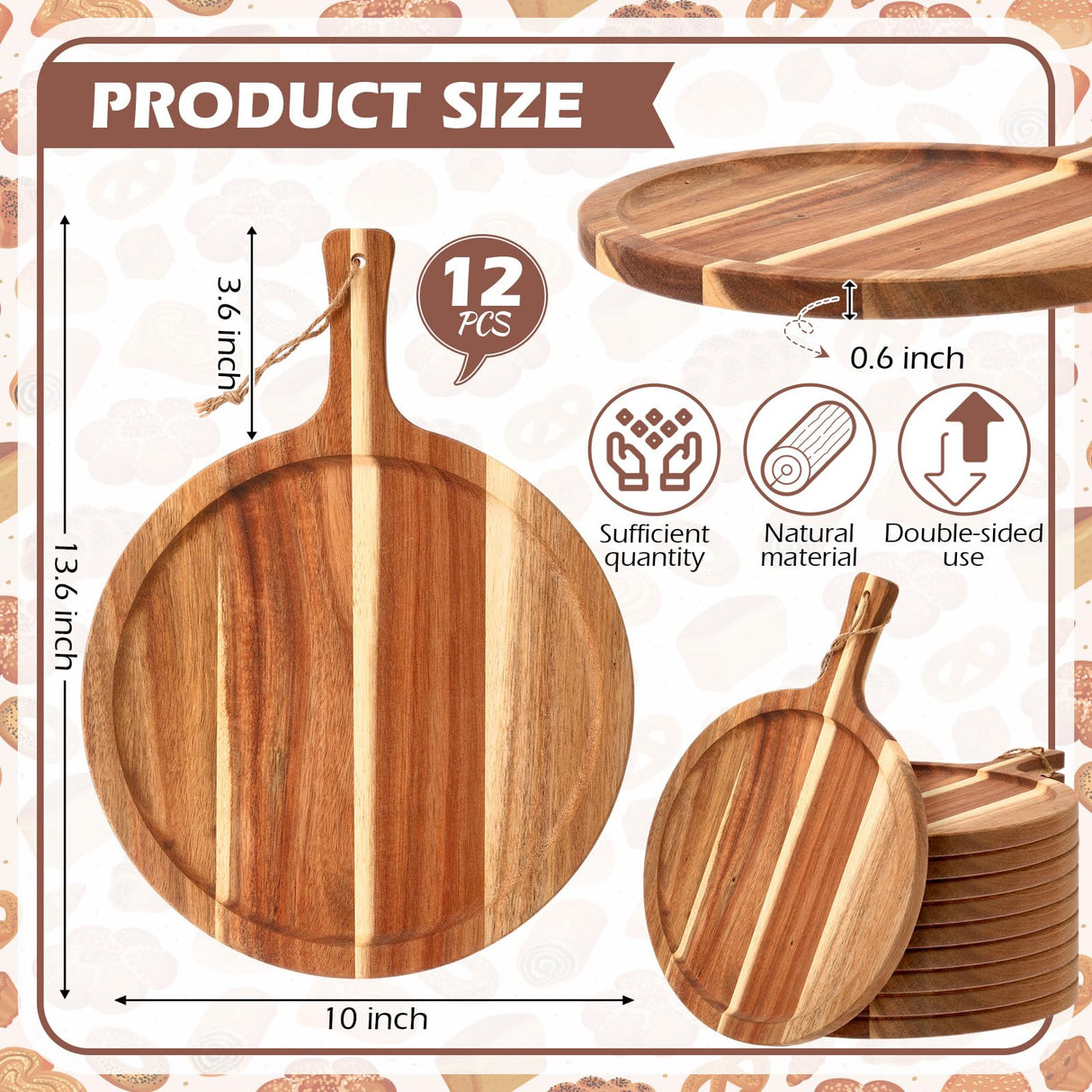 Tanlade 12 pcs Acacia Wood Cutting Board with Handle, Wooden Serving Board, Round Kitchen Chopping Boards Pizza Tray Paddle for Bread, Cheese Charcuterie, Fruit, Vegetables Tanlade