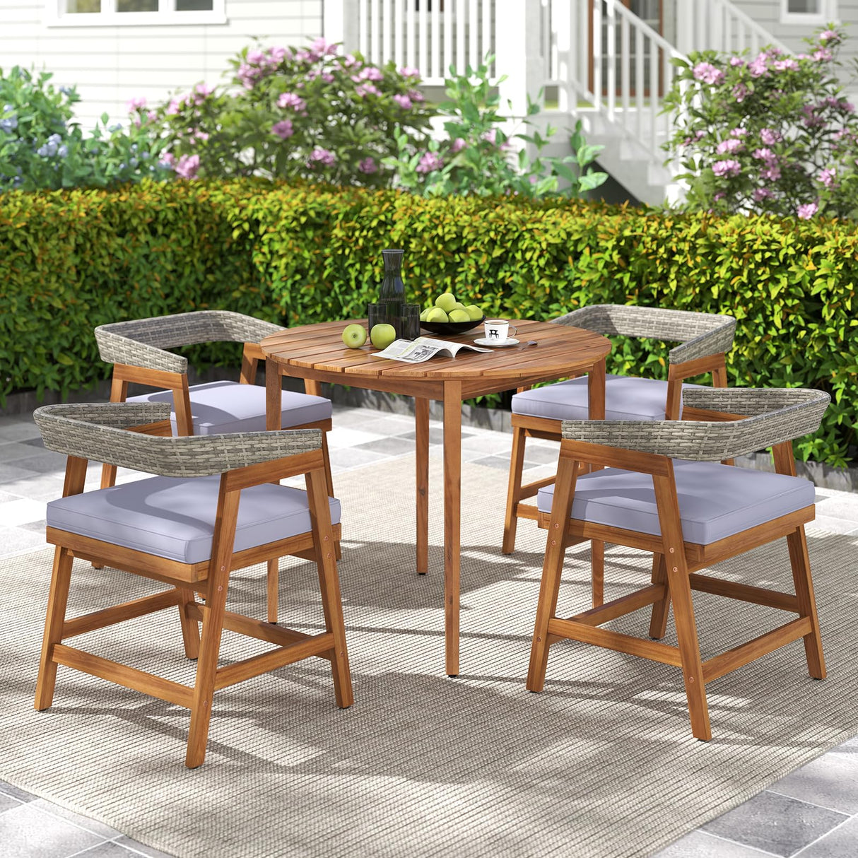 Tangkula 5 Piece Patio Dining Set for 4, Outdoor Solid Wood Round Table with Cushioned Chairs, for Deck, Lawn, Garden and Poolside Tangkula