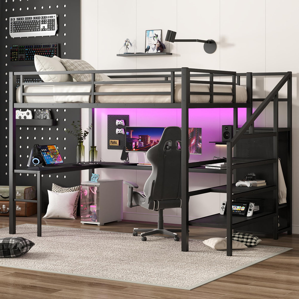 Queen Size Loft Bed with L-Shaped Desk and USB, Metal Gaming Loft Bed with Adjustable Shelf and LED, High Loft Bed for Adults Kids Teens (Black) BEDGJH