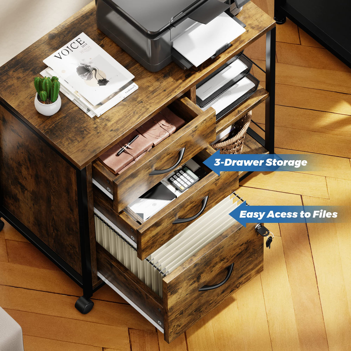Lulive File Cabinet for Home Office, Filing Cabinet with Lock and USB Charging Port, 3 Drawer File Cabinet, Rolling File Cabinet with Storage for A4, Letter Size, Rustic Lulive