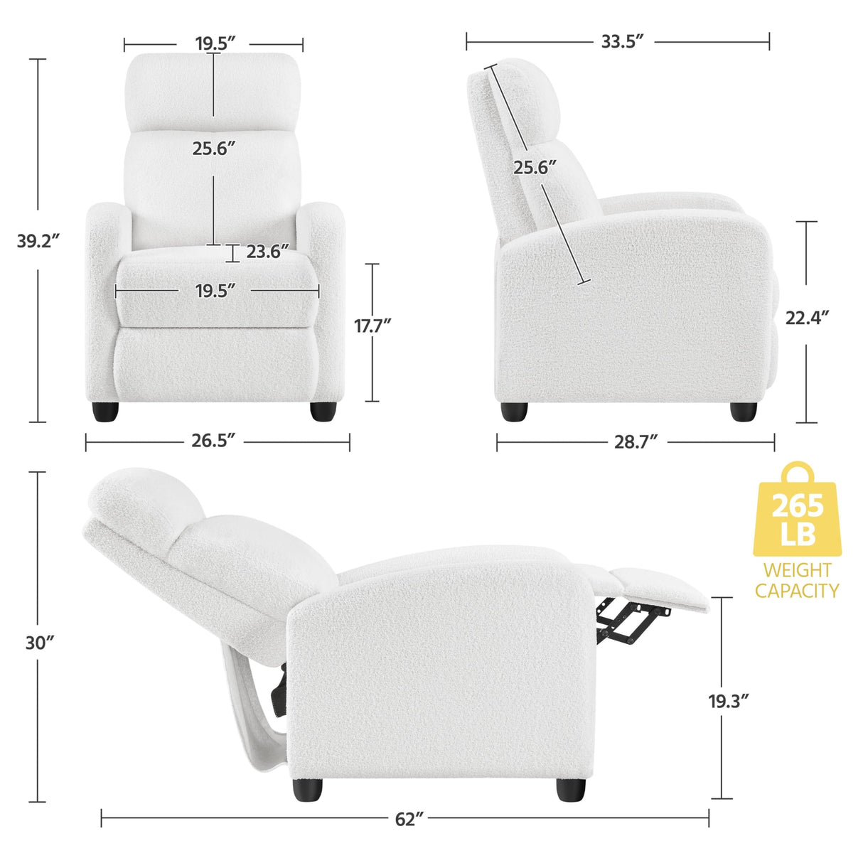 Yaheetech Boucle Recliner Chair Single Sofa Home Theater Seating Adjustable Modern Single Reclining Chair for Living Room Bedroom Home Theater White Yaheetech