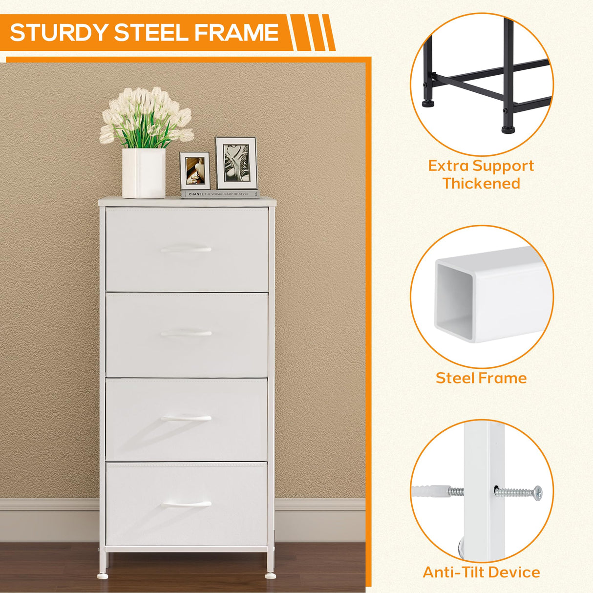 DUMOS Dresser for Bedroom, 4 Storage Drawers, Tall Fabric Closet Chests Organizer Tower Furniture with Wooden Top Metal Frame for Clothes, Living Room, Hallway, Entryway DUMOS