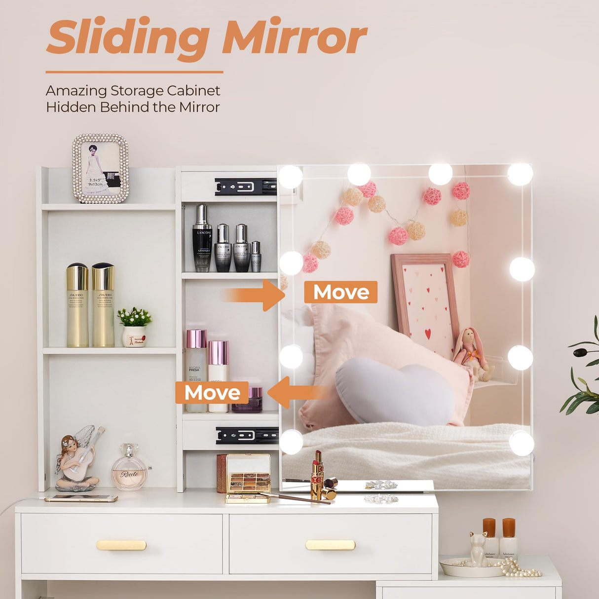 ANWBROAD Makeup Vanity Desk Vanity Set with 10 LED Bulb Lighted Sliding Mirror Makeup Vanity Table with Charging Station Nightstand 3 Colors Modes Dimming Cushioned Stool Dressing Table White UBDT54W ANWBROAD