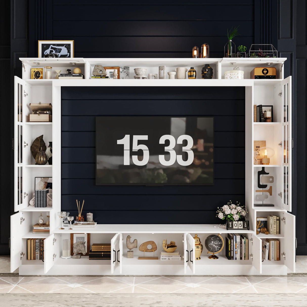 AIEGLE Glass Door Entertainment Center with Storage Bridge, Traditional Media Console Table Wall Unit with Shelves for 70 75 inch TV, TV Stand Set, White, 96.9”W AIEGLE