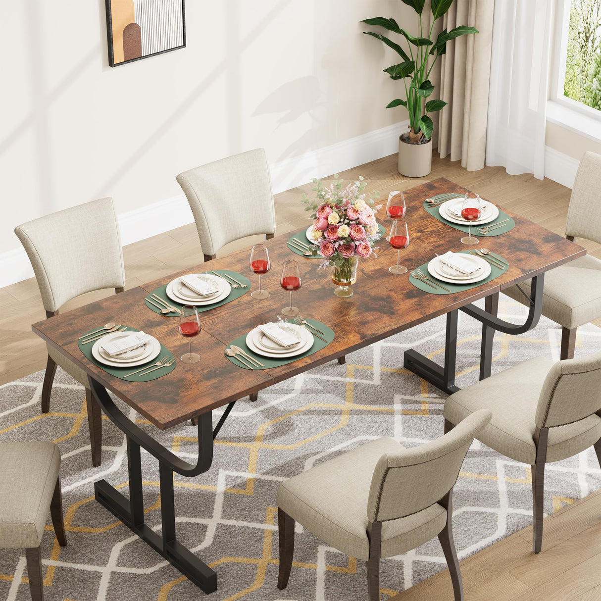 GarveeHome Farmhouse Dining Table for 6 People, 70.8-Inch Rectangular Rustic Kitchen Wood, Dining Table Table with Heavy Duty Metal Legs for Dining Room GarveeHome