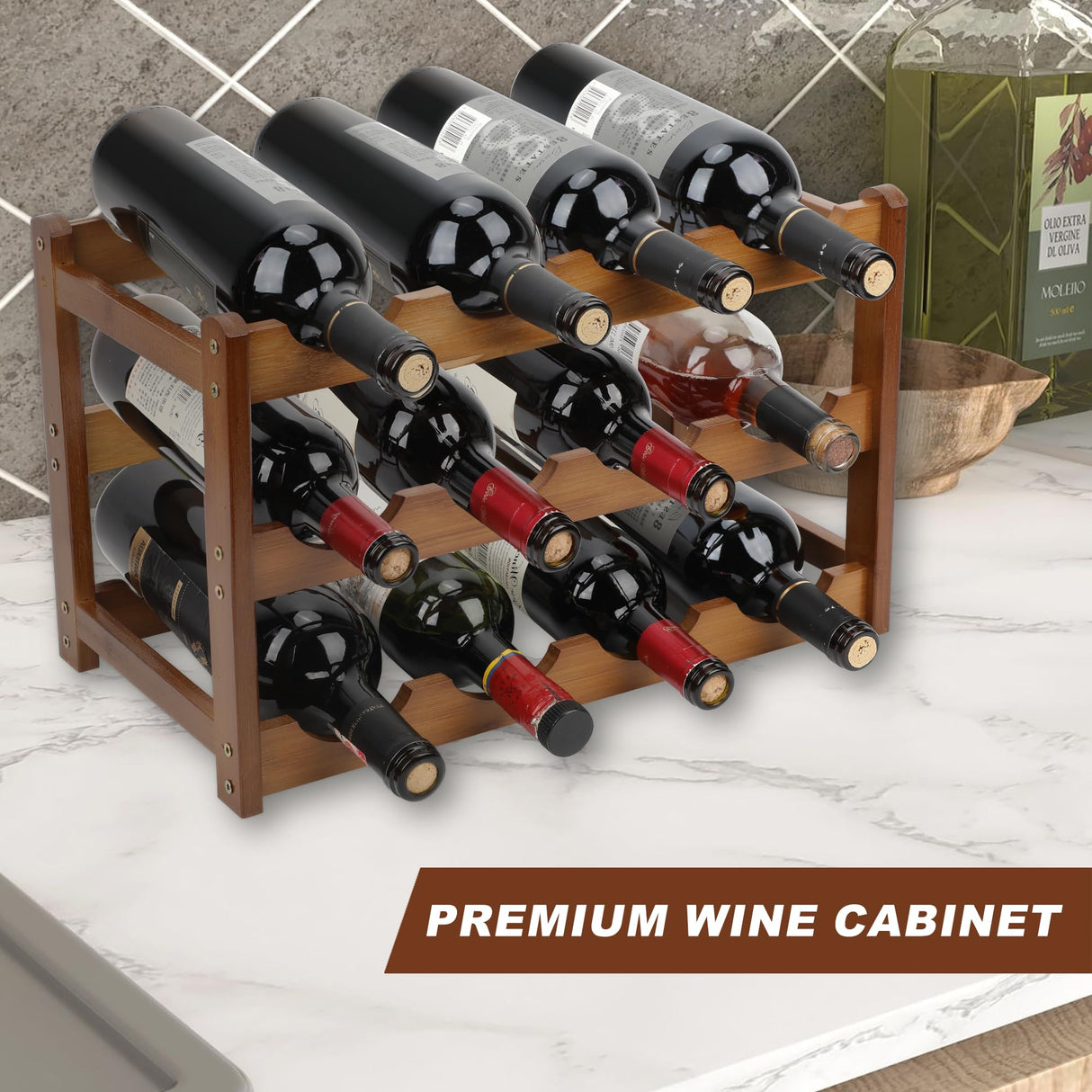 CAMOAT Bamboo Wine Rack,Wine Racks Countertop, Small Wine Rack Freestanding Floor,3 Tiers 12 Bottles Wine Rack,Sturdy and Durable Wine Rack Shelf for Cabinets Kitchen,Home Bar,Wine Storage CAMOAT