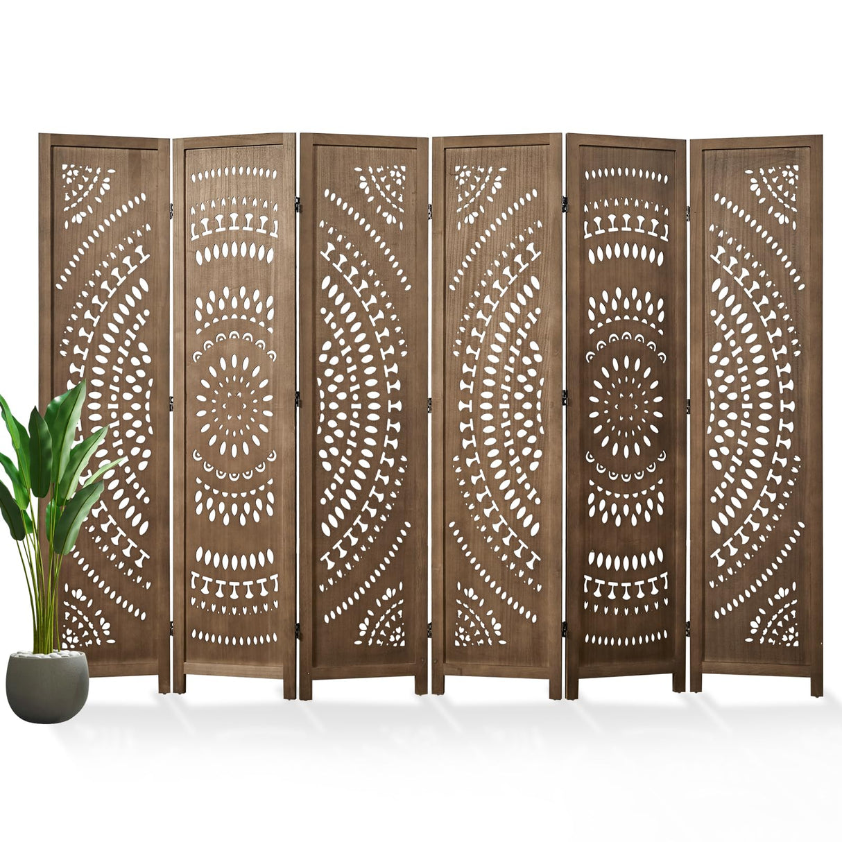 66.9Inch Folding Room Divider, 6 Panels Wood Carved Privacy Screens Free Assembled Freestanding Partition for Bedroom Home Office (Brown) Svimi
